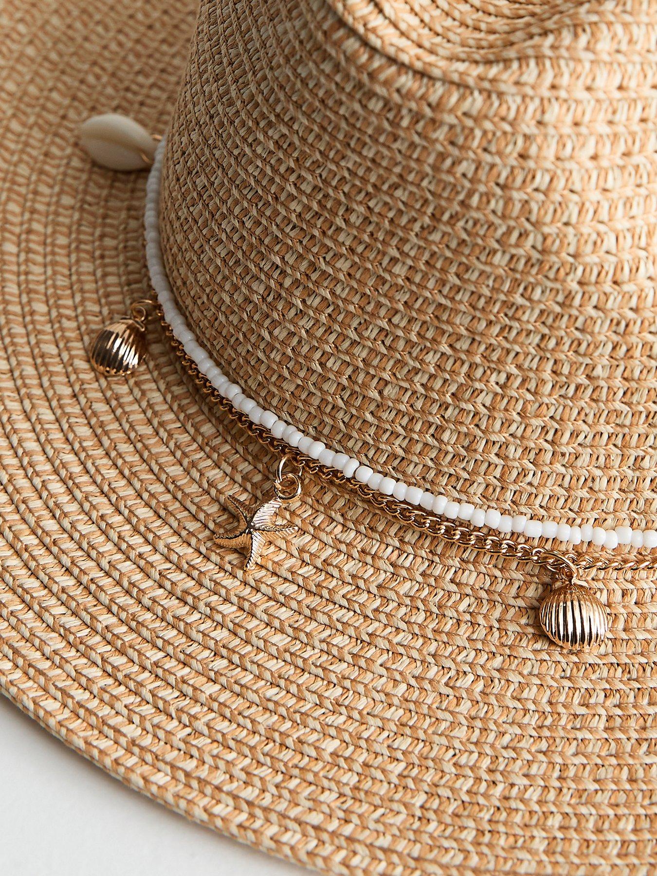 Image 3 of 3 of New Look Stone Beaded Shell Trim Straw Fedora Hat - Beige