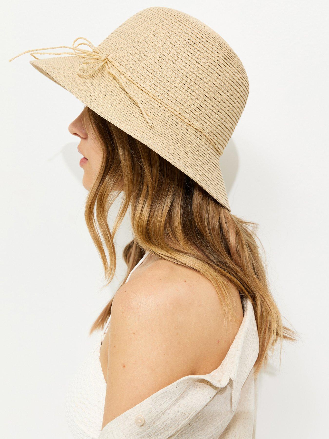 Image 2 of 3 of New Look Stone Straw Bow Bucket Hat - Beige