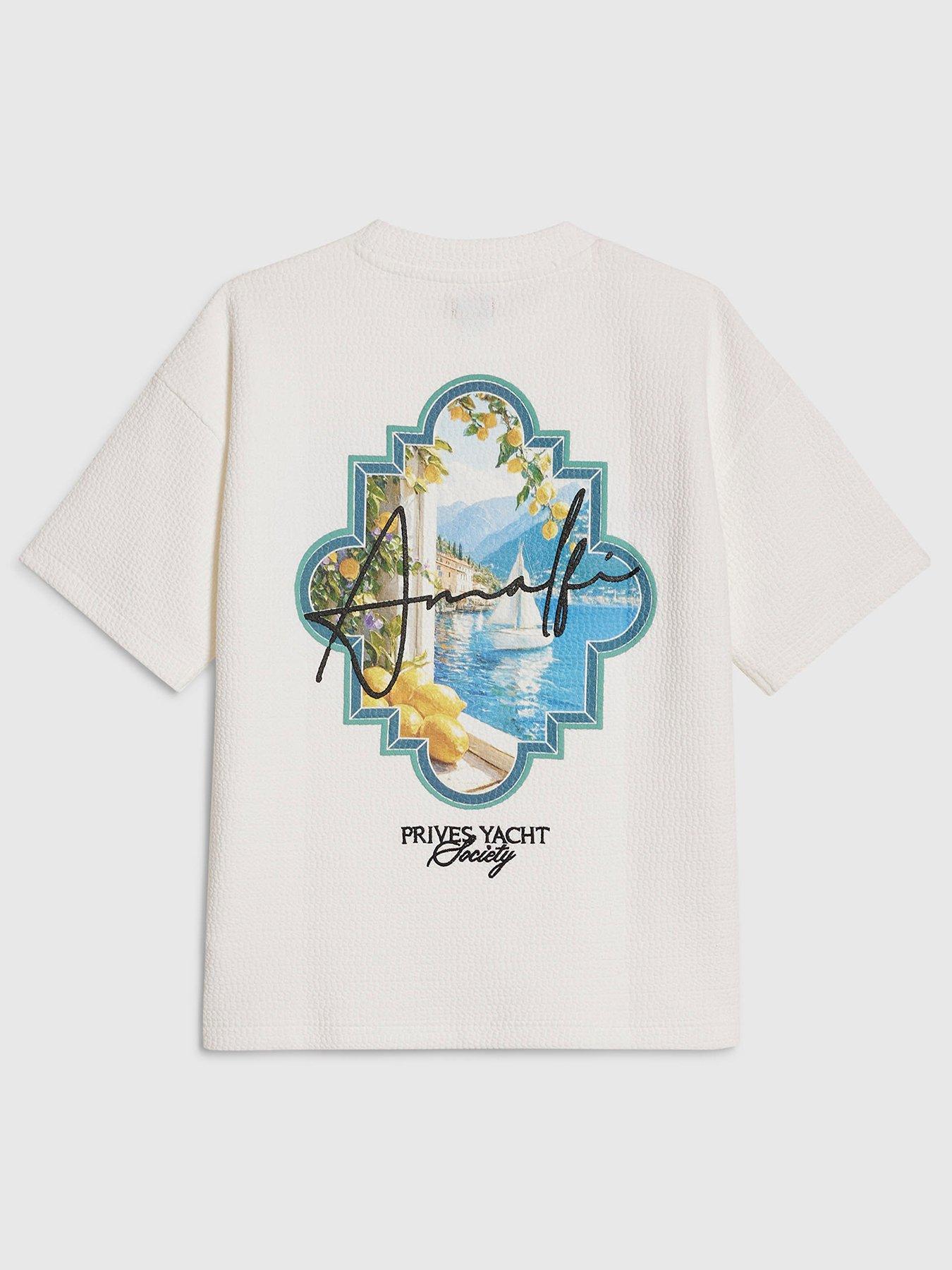 River Island Older Boys Oversized Textured Back Print Amalfi T-Shirt, Cream, Size Age: 7-8 Years