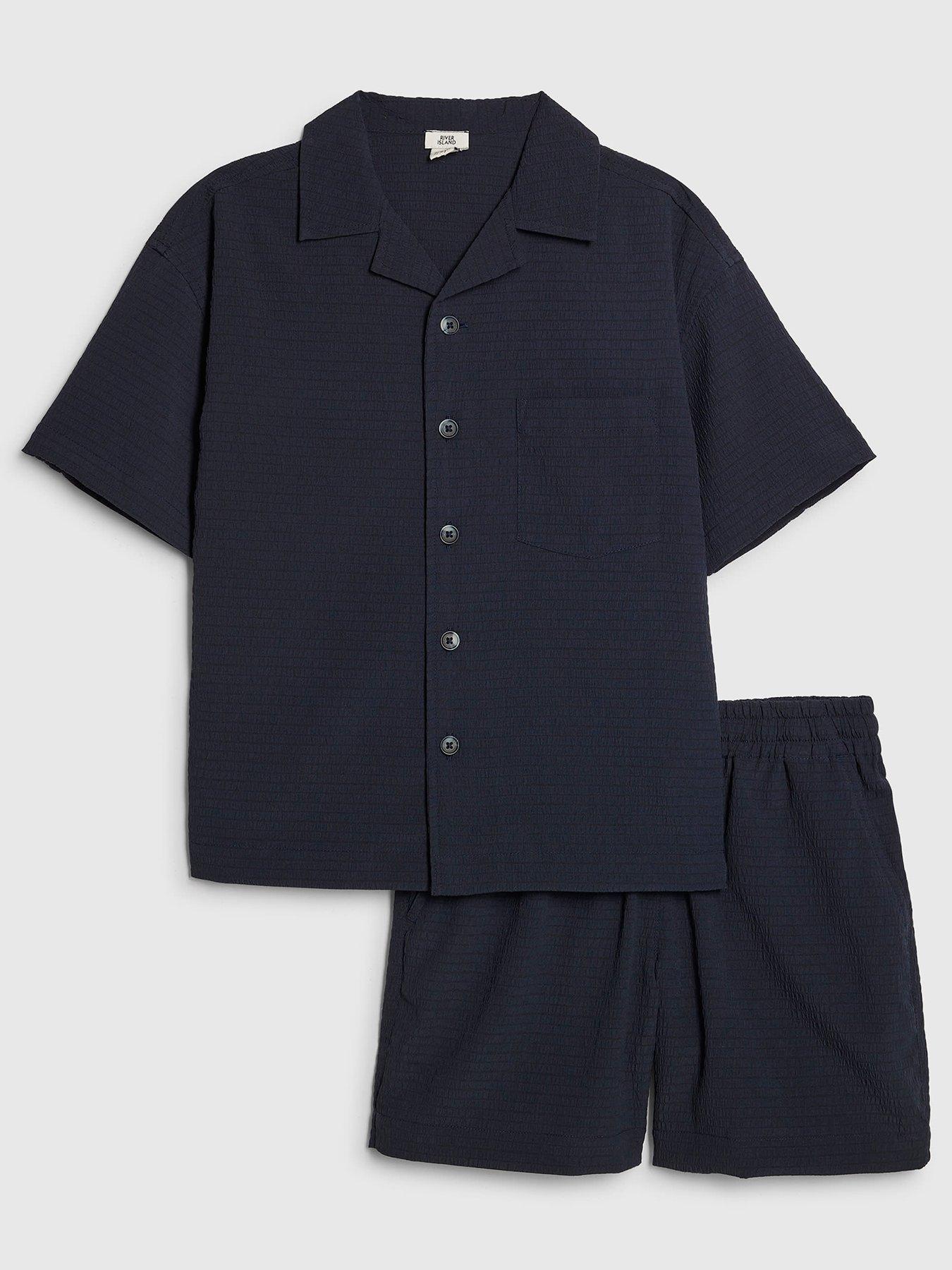 River Island Older Boys Textured Shirt  &  Shorts Set - Navy