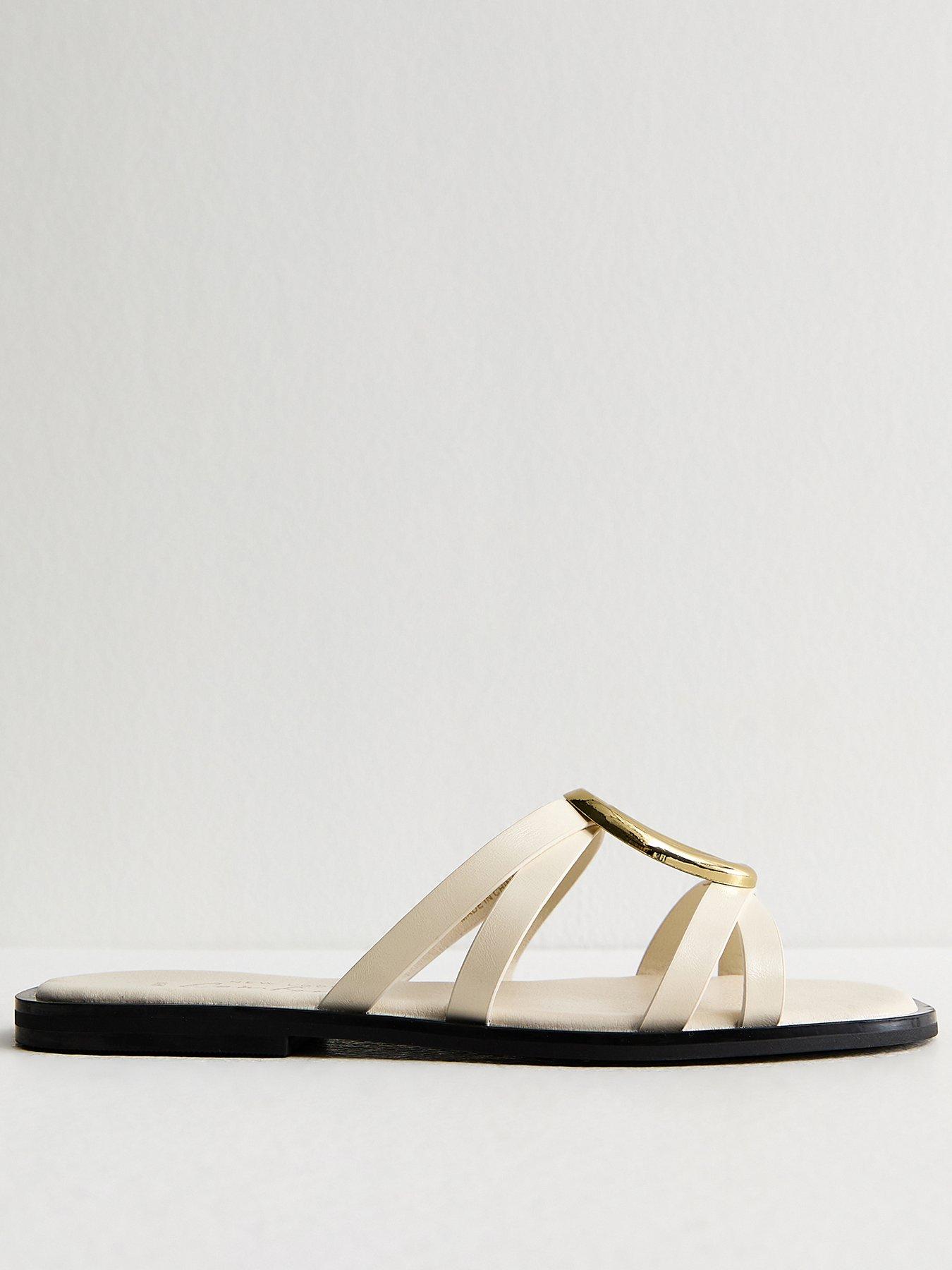 Image 2 of 5 of New Look Off Gold Abstract Buckle Mule Sandals - White