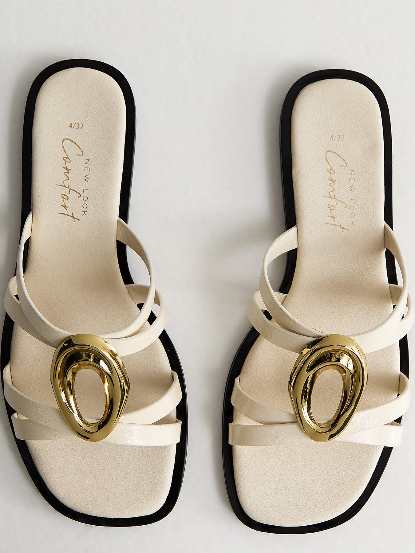 Image 4 of 5 of New Look Off Gold Abstract Buckle Mule Sandals - White