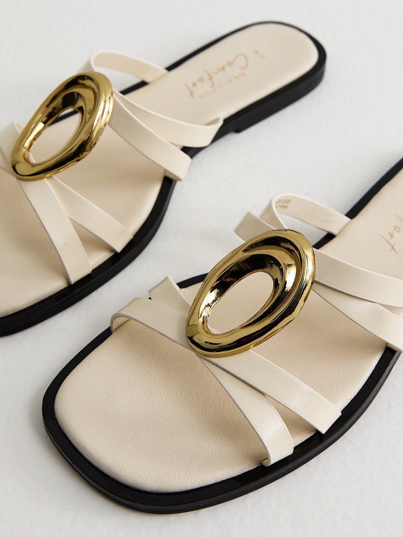 Image 5 of 5 of New Look Off Gold Abstract Buckle Mule Sandals - White