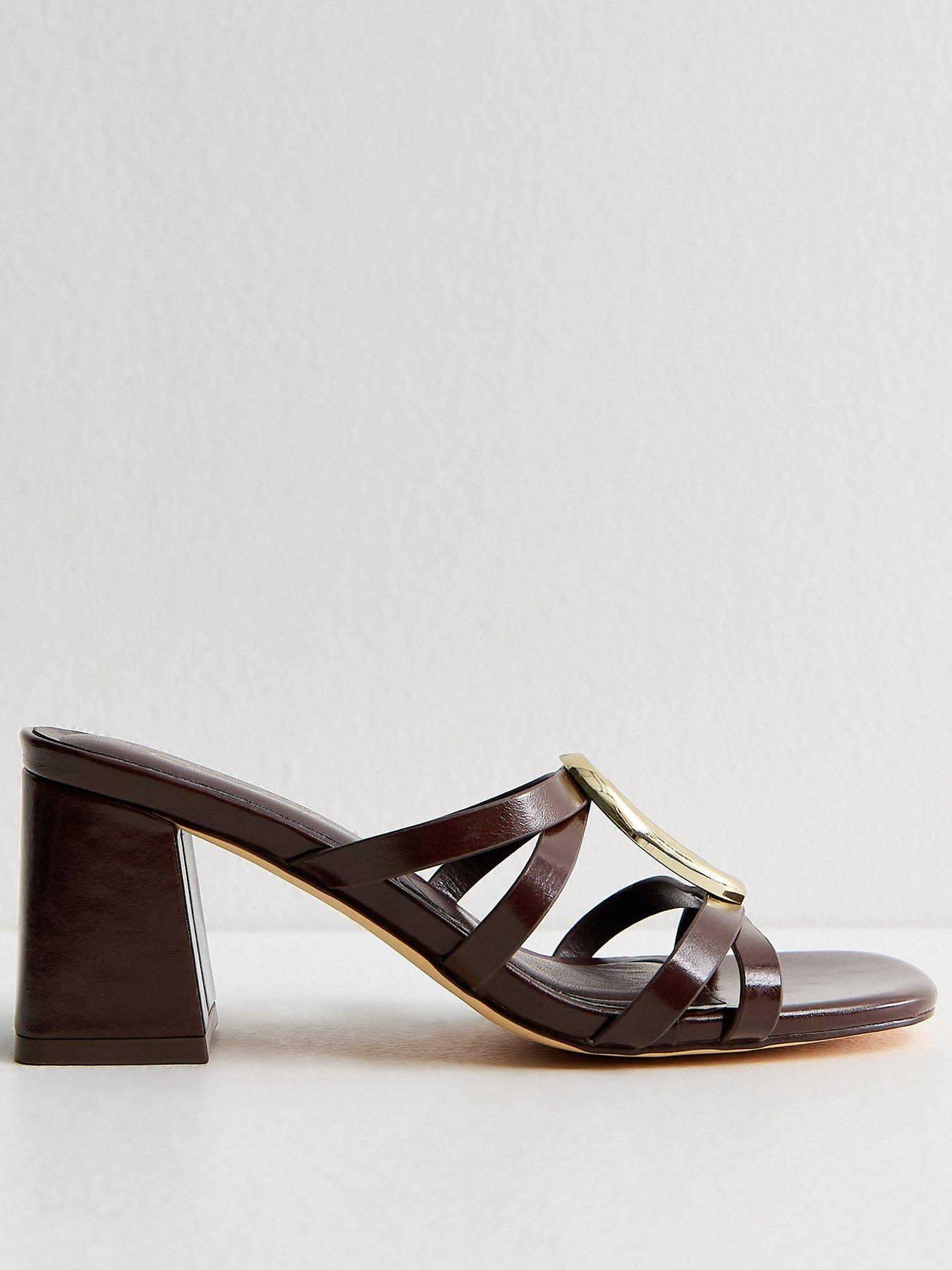 New Look Faux Leather Heeled Mule Sandals - Dark Brown