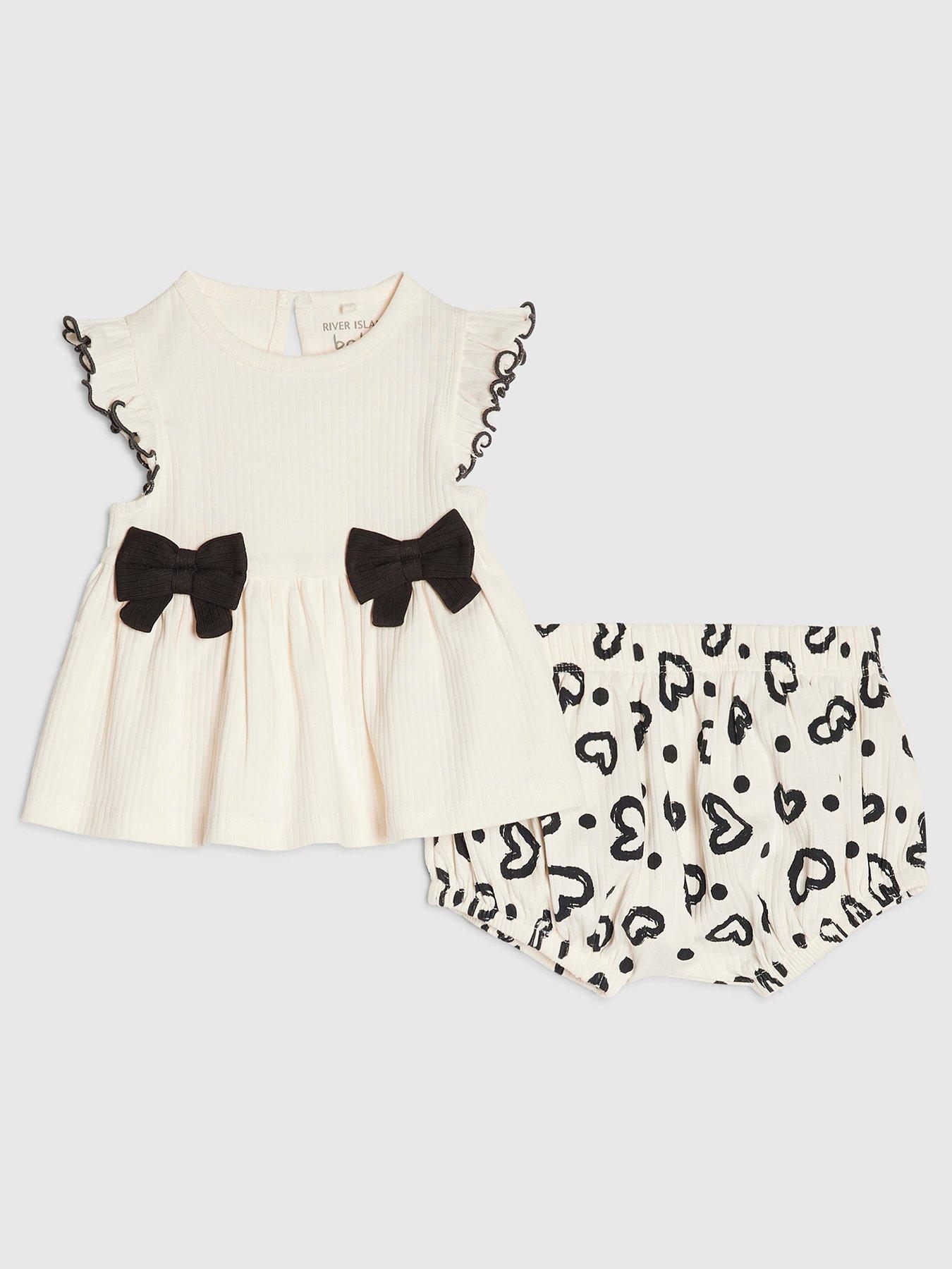 Image 1 of 5 of River Island Baby Girls Bow Peplum Ribbed Top Set - Cream