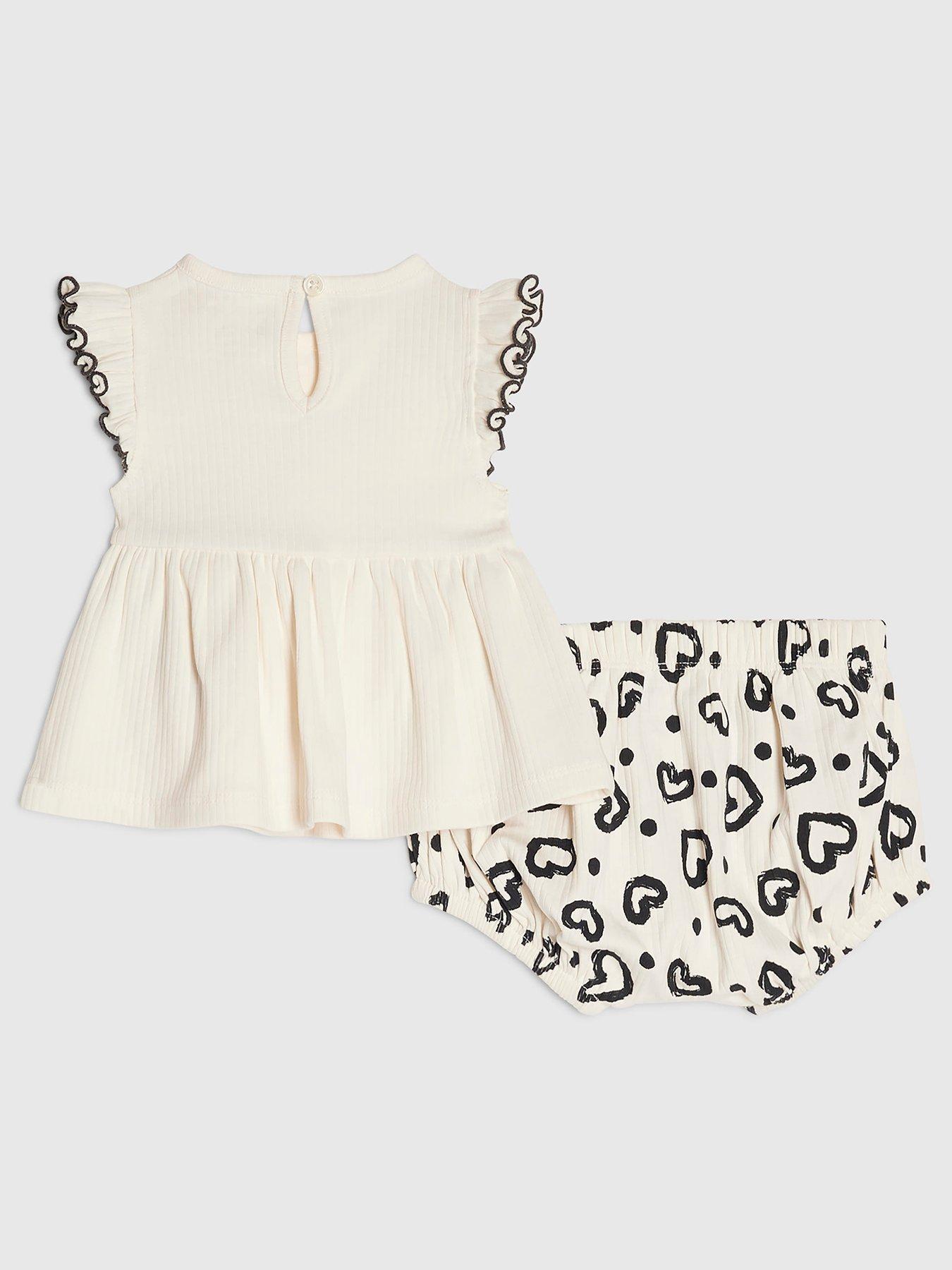 Image 2 of 5 of River Island Baby Girls Bow Peplum Ribbed Top Set - Cream