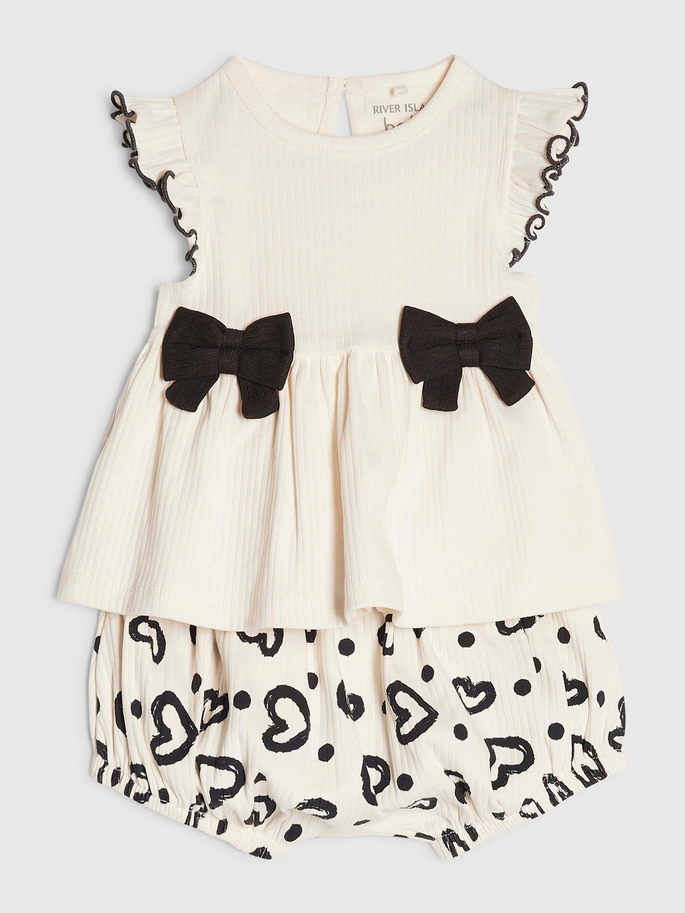 Image 3 of 5 of River Island Baby Girls Bow Peplum Ribbed Top Set - Cream