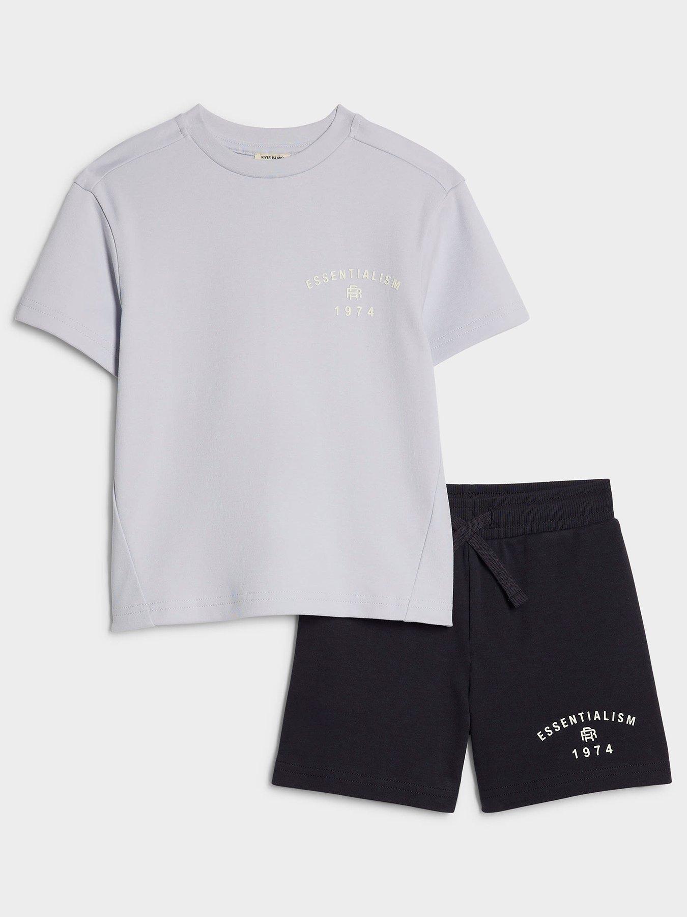 Image 1 of 5 of River Island Mini Boys Essentialism T-Shirt &amp; Shorts Set - Light Blue