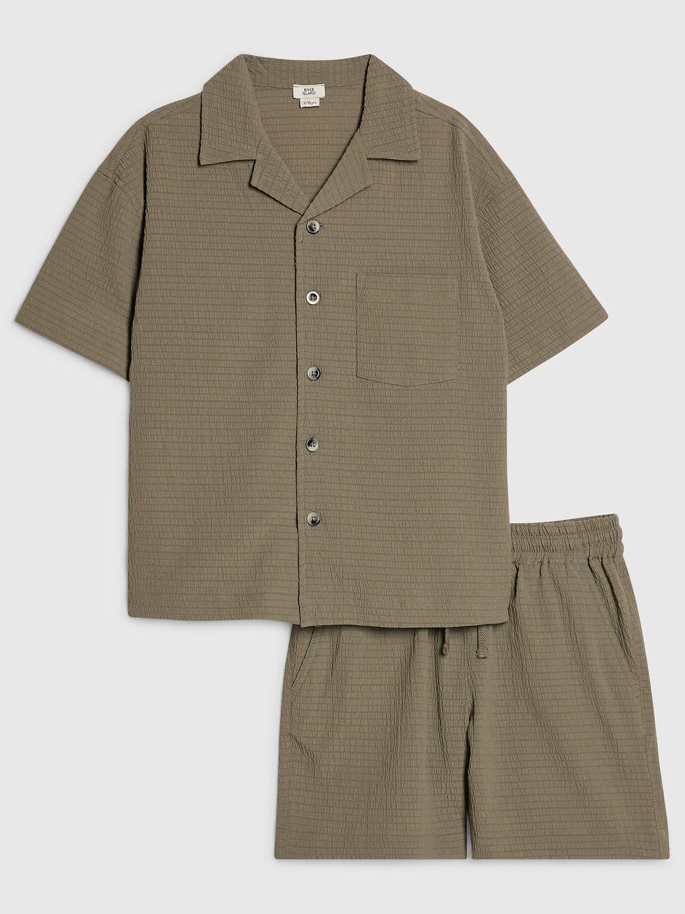 River Island Older Boys Textured Shirt Set, Khaki, Size 7-8 Years