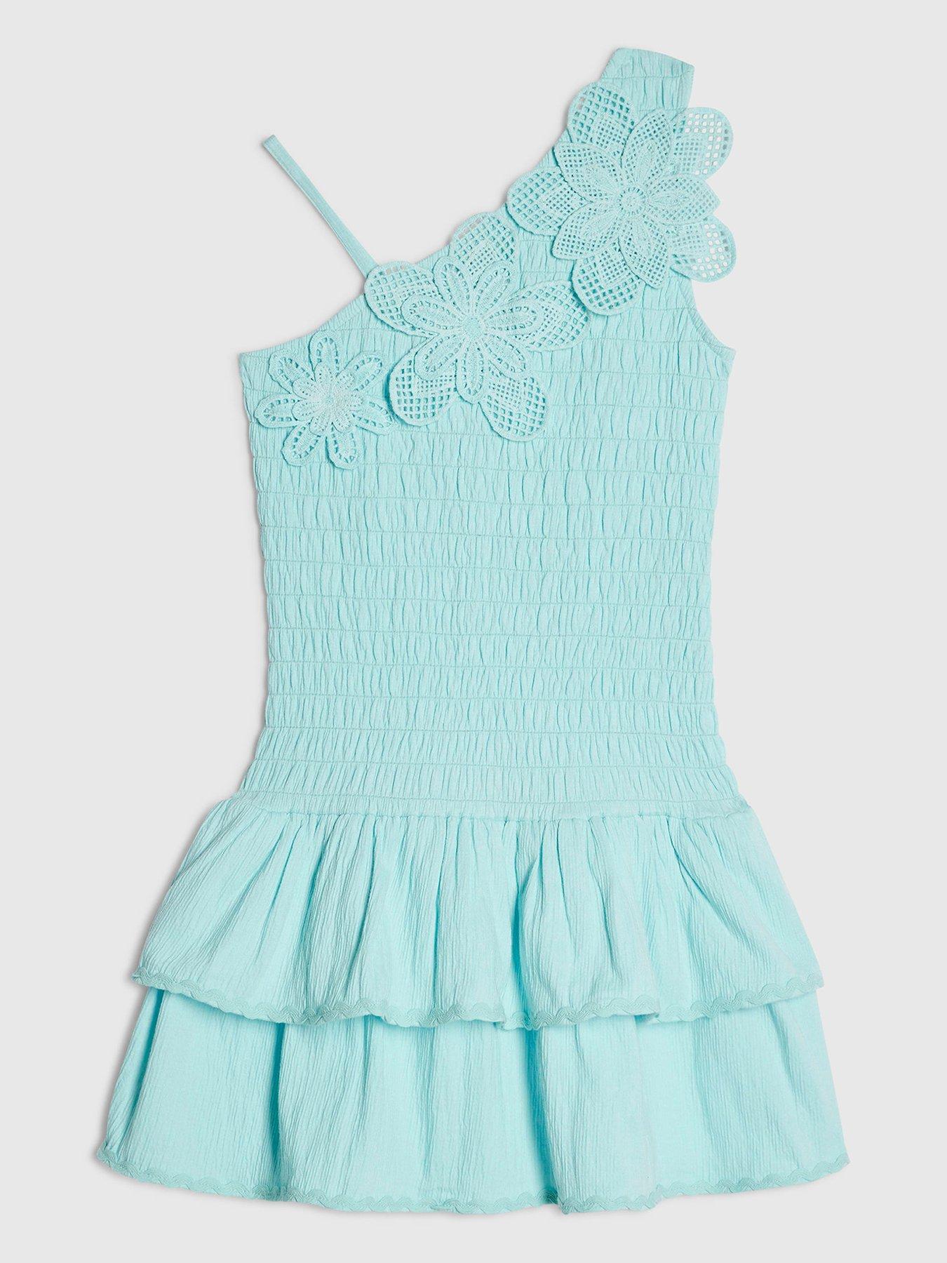 River Island Older Girls Asymmetric Crochet Flower Dress, Blue, Size Age: 9-10 Years