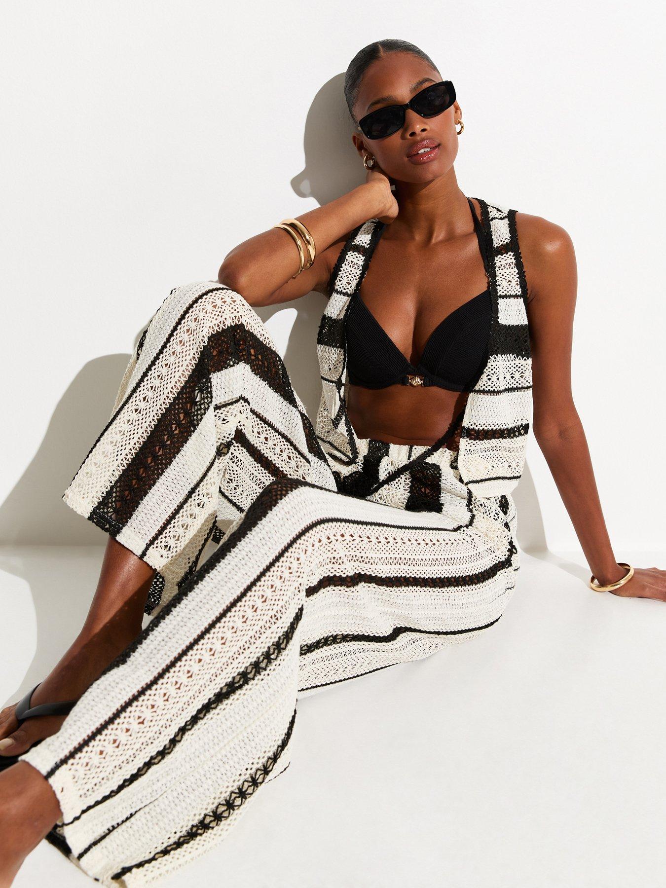Image 3 of 5 of New Look Cream Striped Crochet Beach Trousers