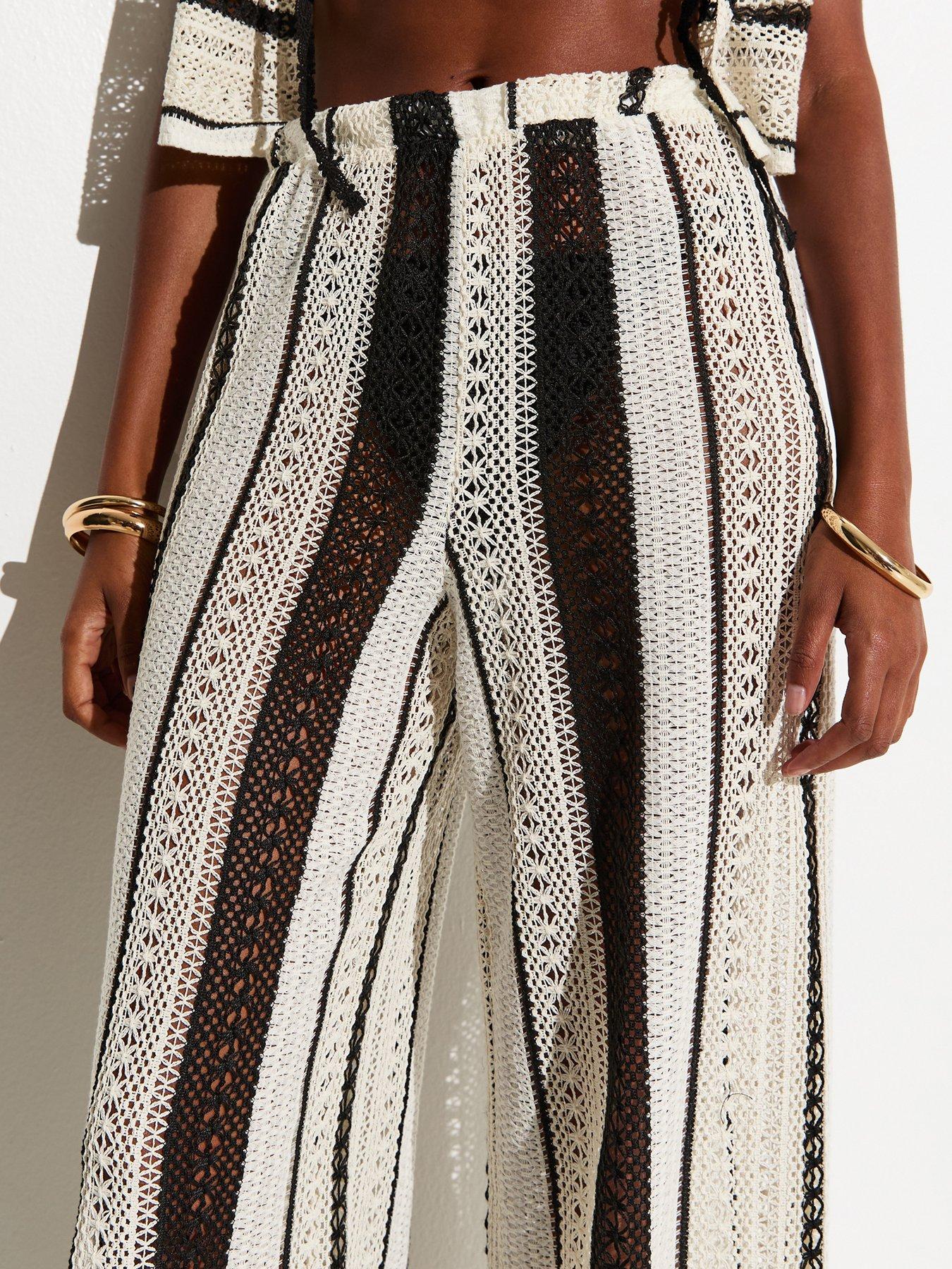 Image 4 of 5 of New Look Cream Striped Crochet Beach Trousers