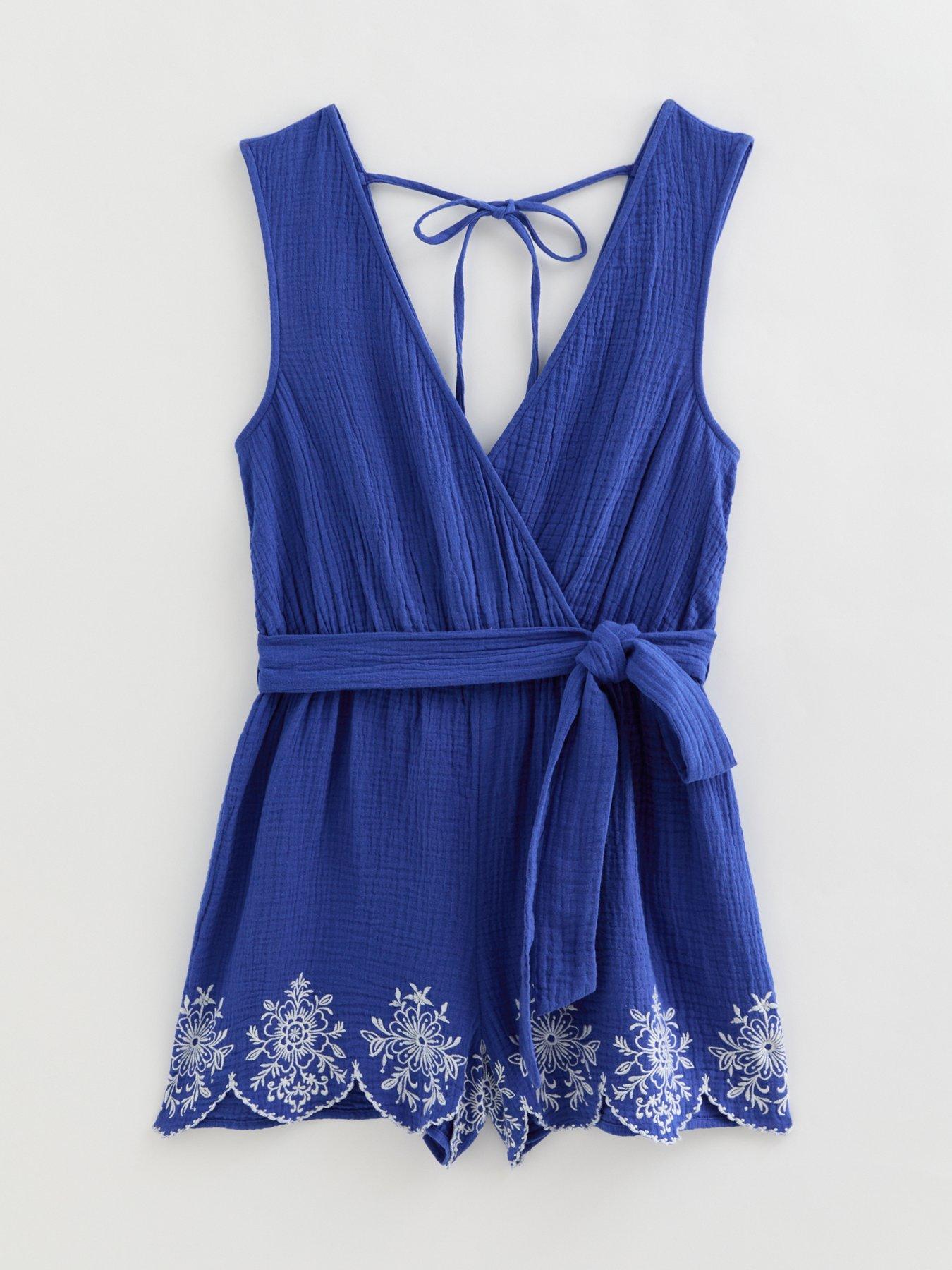 Image 5 of 6 of New Look Blue Cotton Embroidered Beach Playsuit