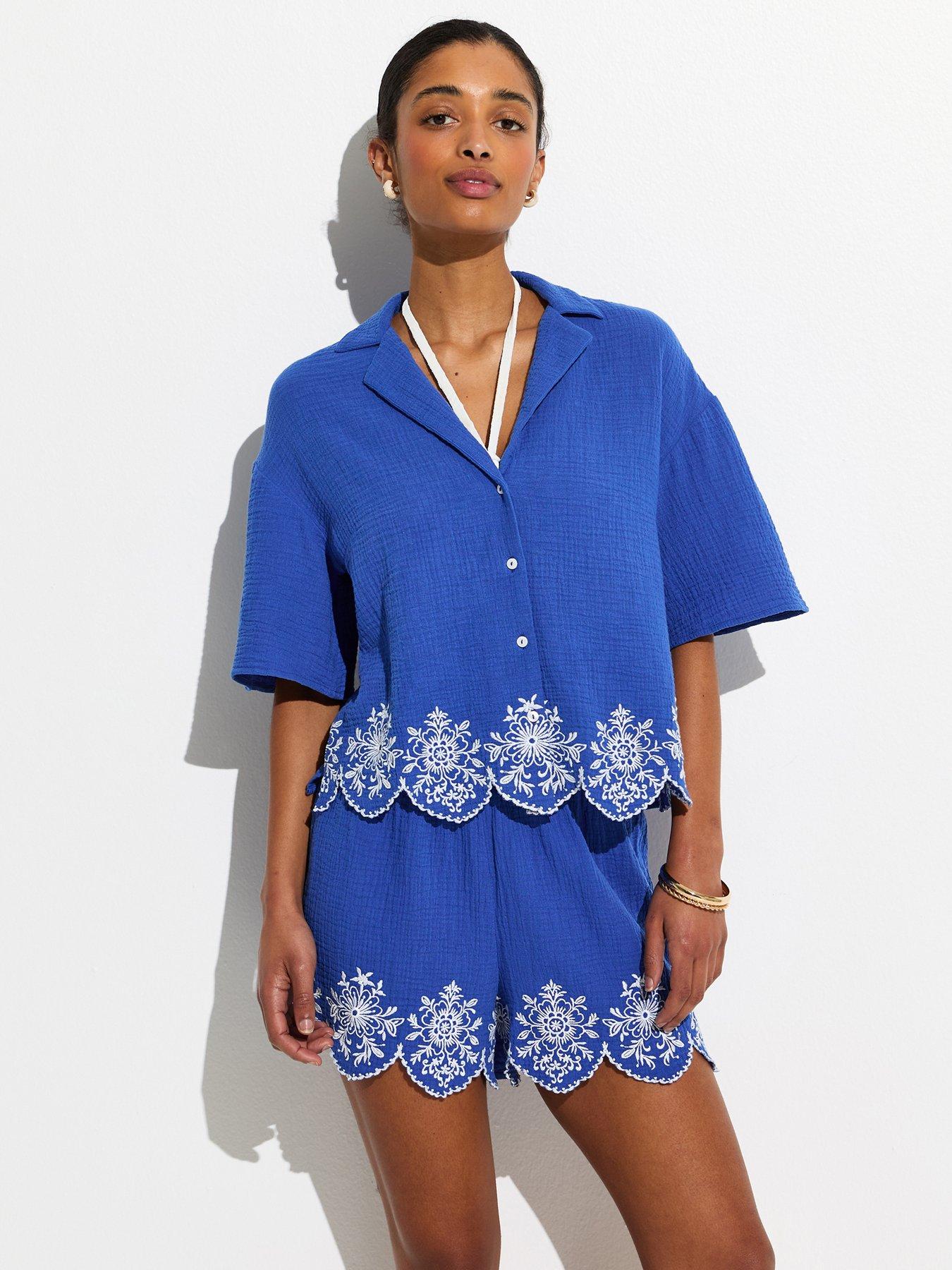 New Look Blue Embroidered Beach Shirt