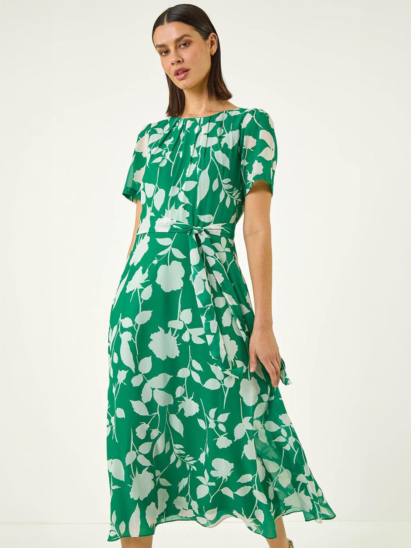 Roman Flower Print Pleat Neck Midi Dress