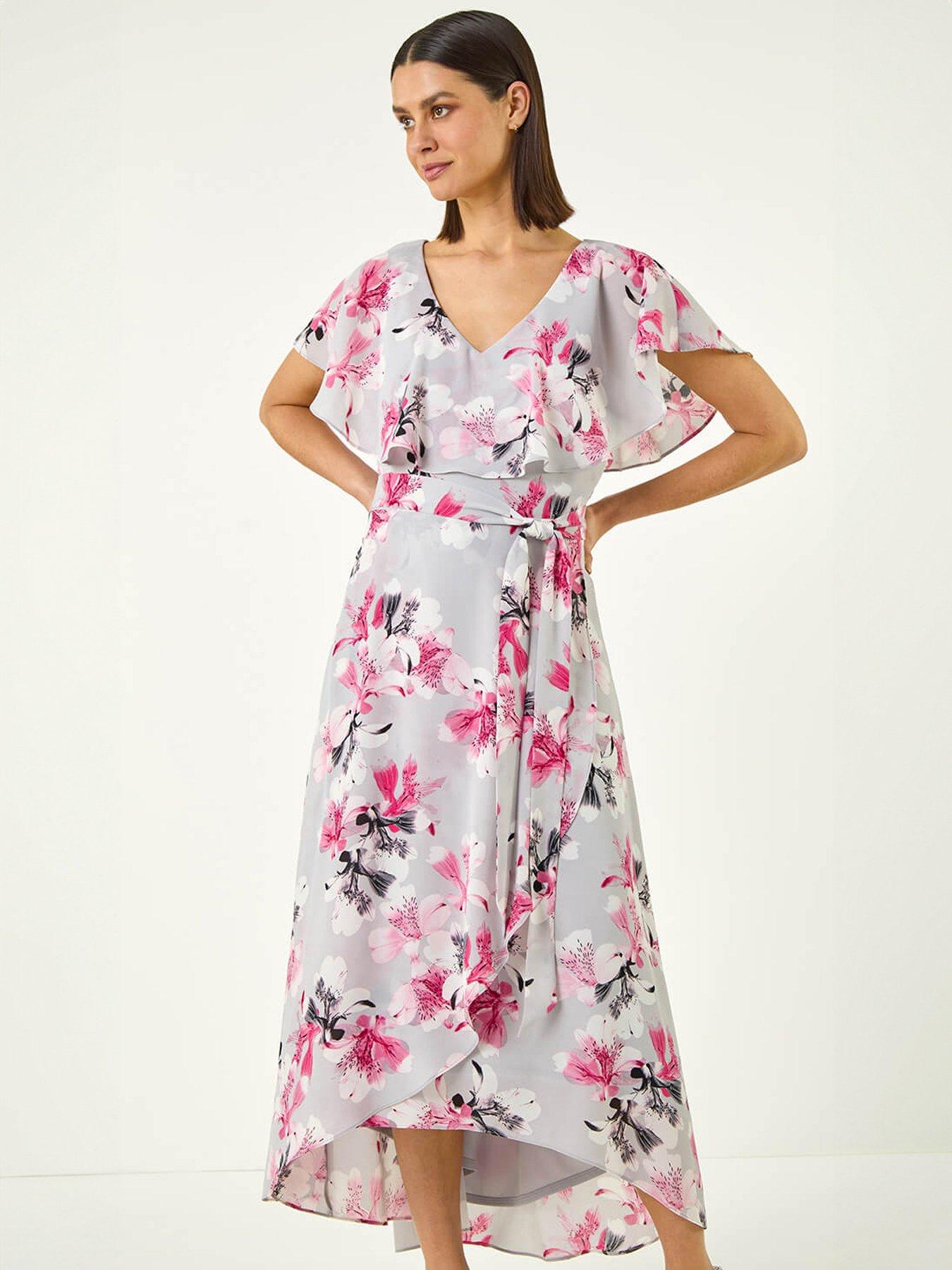 Roman Floral Frill Belted Wrap Dress, Grey, Size 16, Women