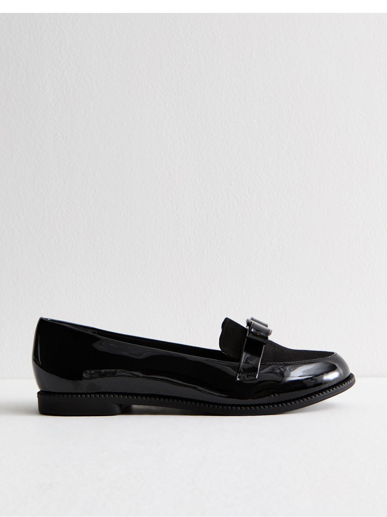 New Look Wide Fit Black Patent Faux Leather Bow Detail Loafers