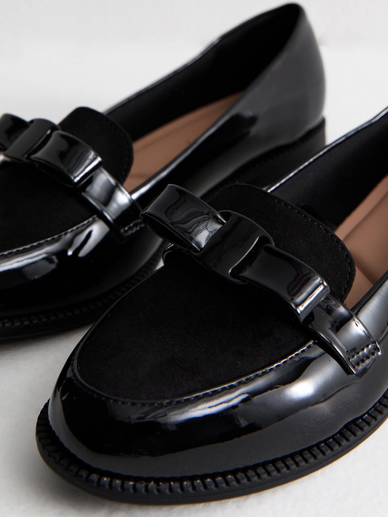 New Look Wide Fit Patent Faux Leather Bow Detail Loafers - Black | Very