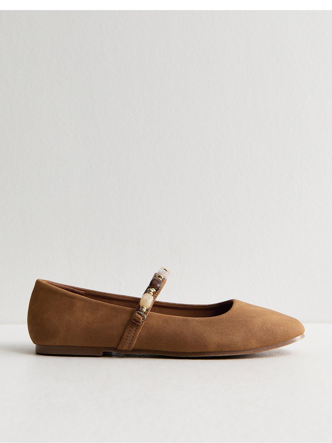 New Look Tan Faux Suede Beaded Square Toe Ballerina Pumps