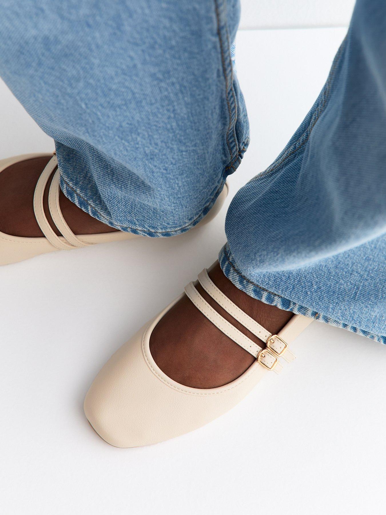New Look Faux Leather Double Strap Mary Jane Ballet Flats - Off-White