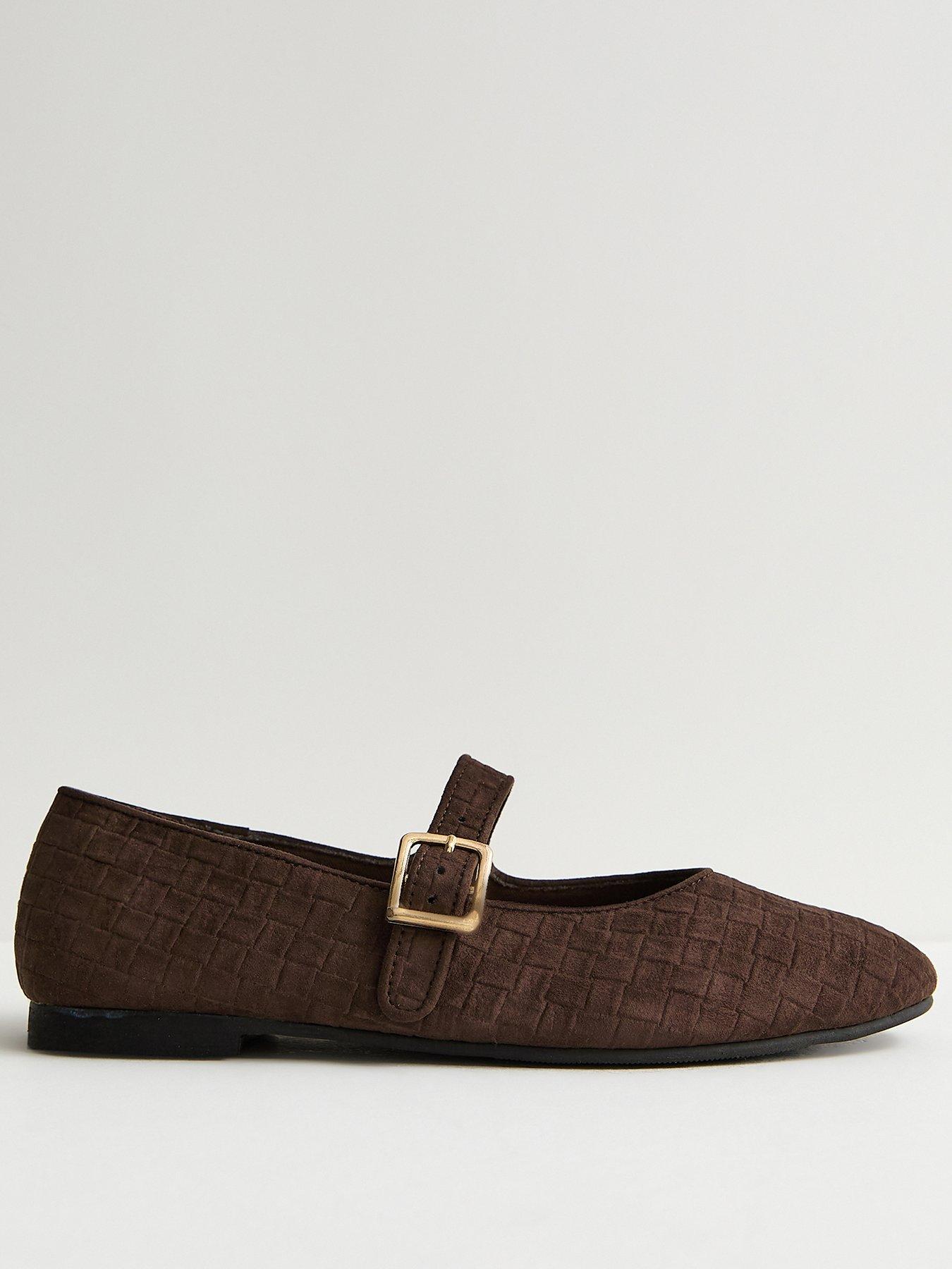 New Look Textured Faux Suede Buckled Mary Jane Flats - Brown | Very