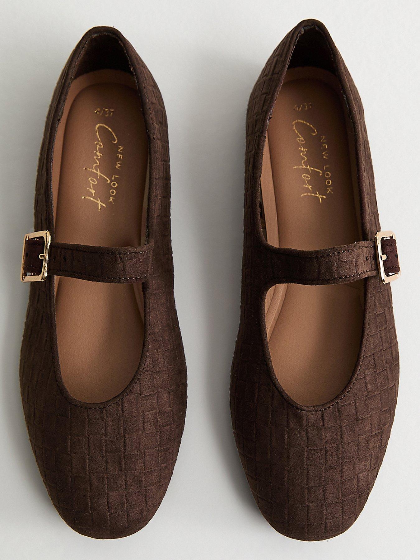New Look Textured Faux Suede Buckled Mary Jane Flats - Brown | Very
