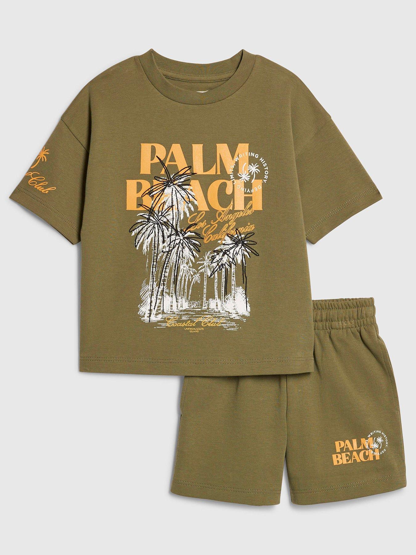 River Island Mini Boys Palm Beach Back Print T-Shirt  &  Shorts Set - Khaki