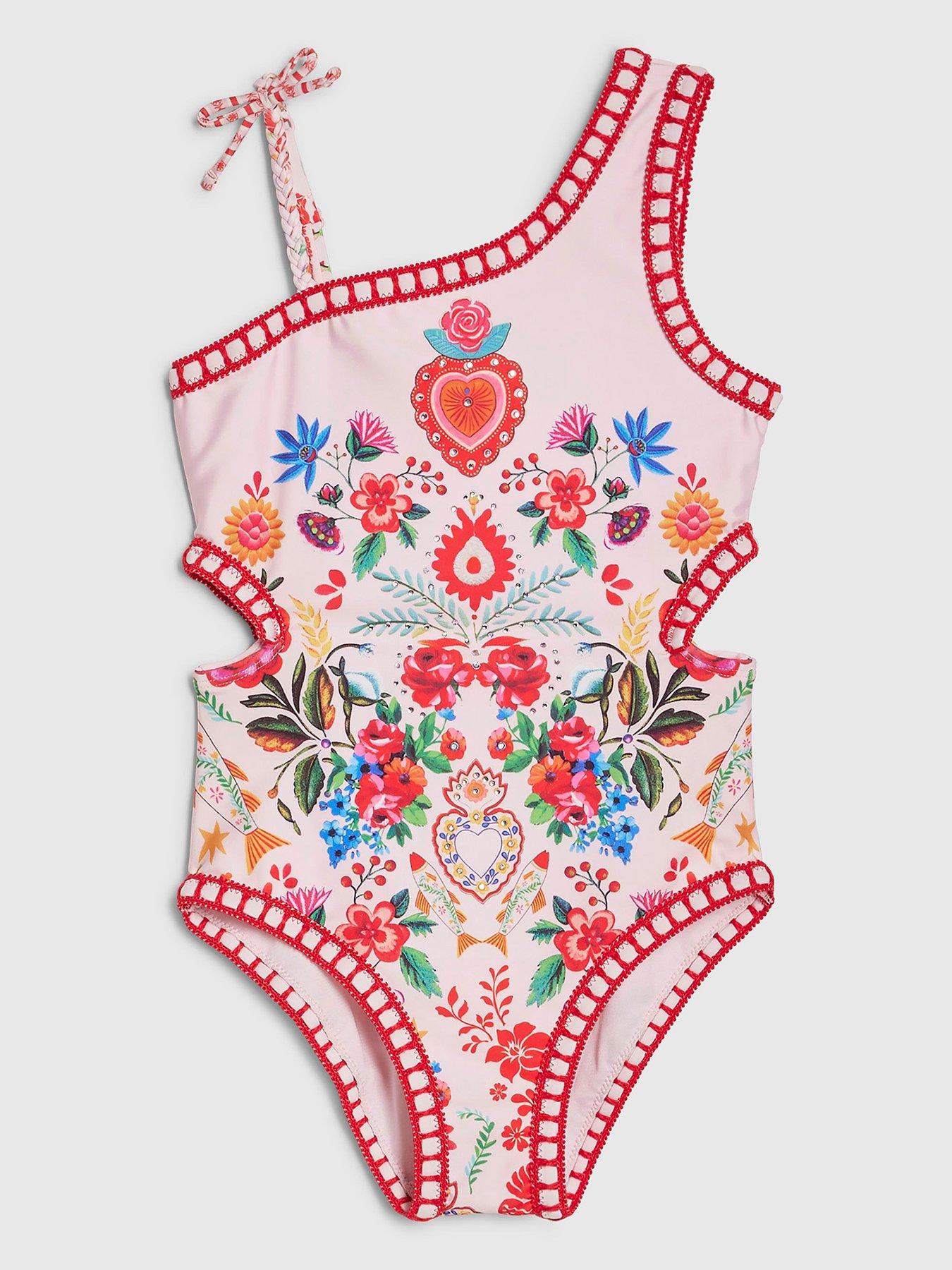 River Island Older Girls Mexicana Floral Print Swimsuit, Pink, Size 7-8 Years
