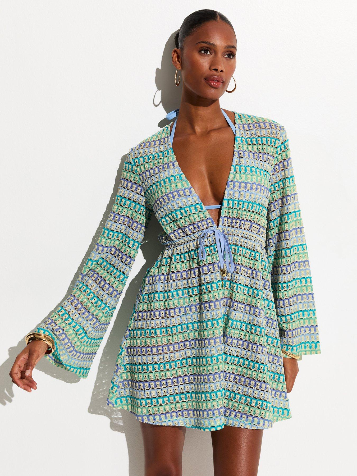 Image 1 of 5 of New Look Blue Crochet Flared Sleeve Kaftan Beach Dress