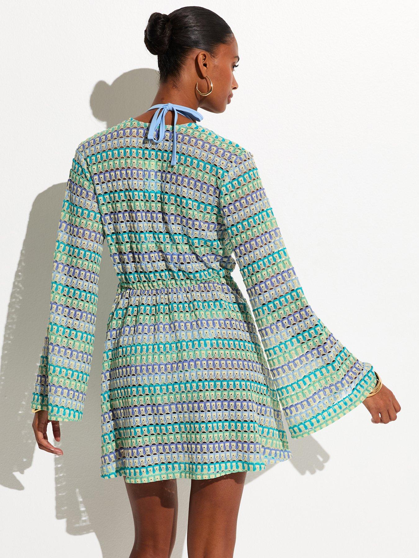 Image 2 of 5 of New Look Blue Crochet Flared Sleeve Kaftan Beach Dress