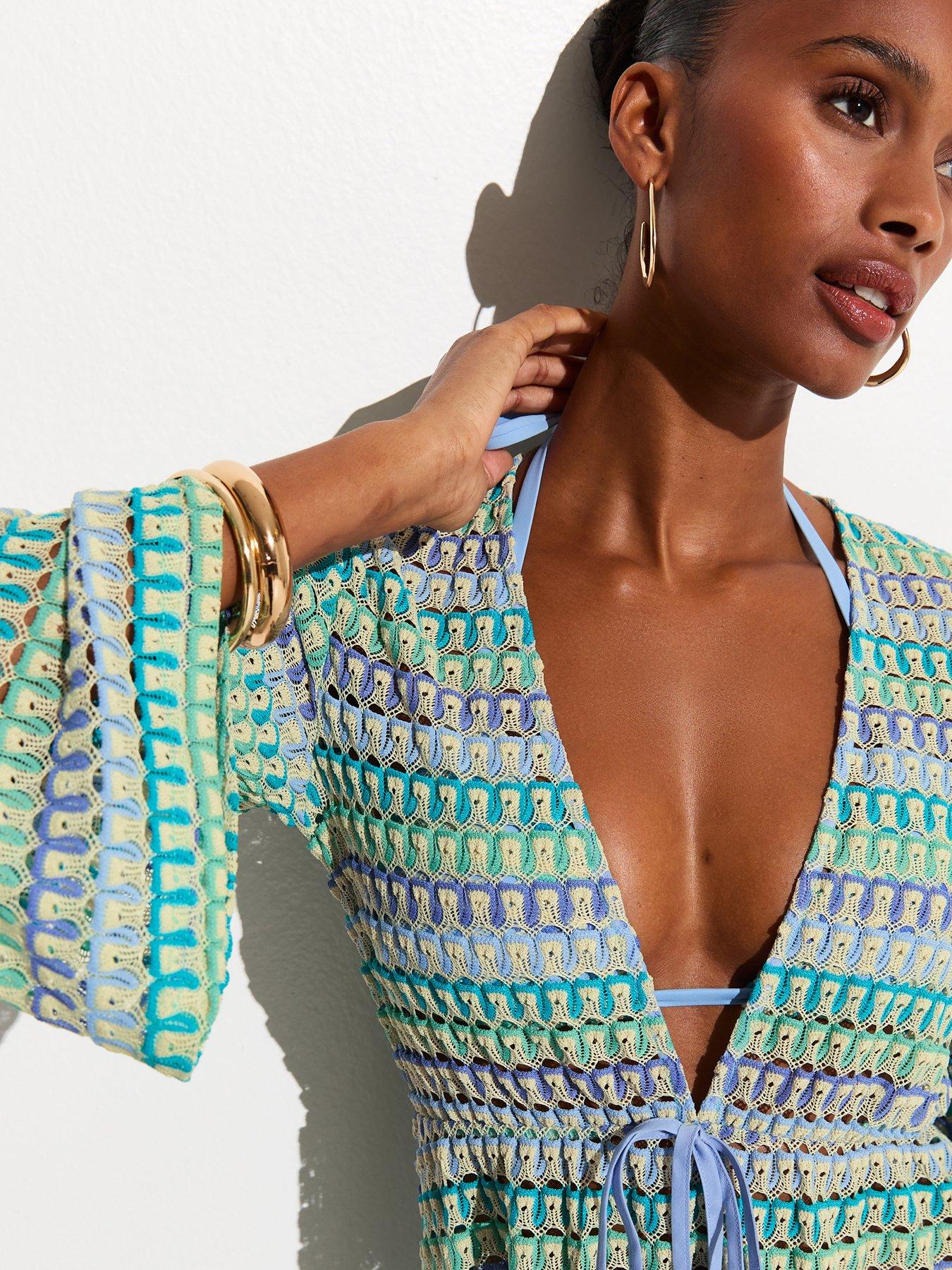 Image 4 of 5 of New Look Blue Crochet Flared Sleeve Kaftan Beach Dress