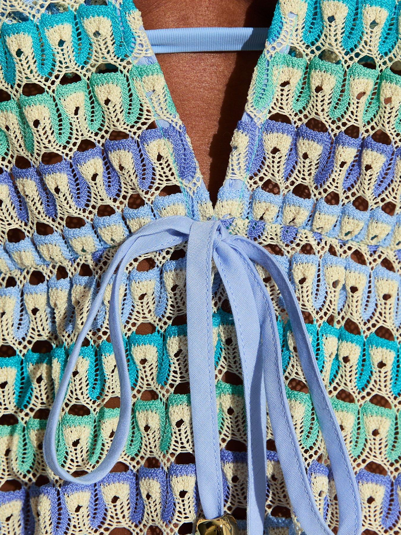 Image 5 of 5 of New Look Blue Crochet Flared Sleeve Kaftan Beach Dress