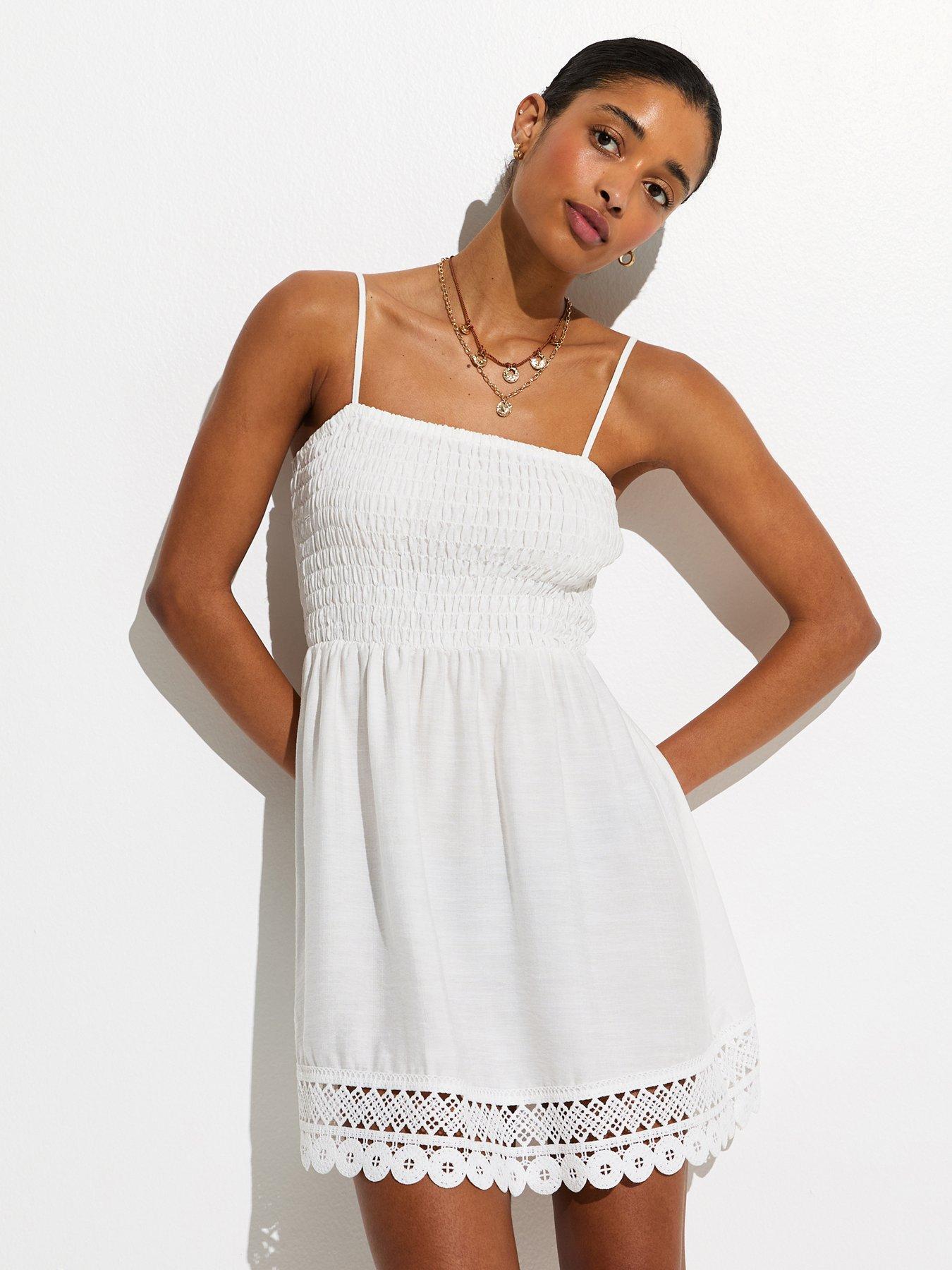 Image 3 of 5 of New Look White Lace Trim Shirred Mini Dress