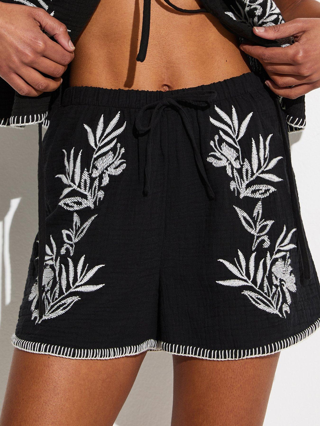 New Look Black Cotton Embroidered Floral Co-ord Beach Shorts