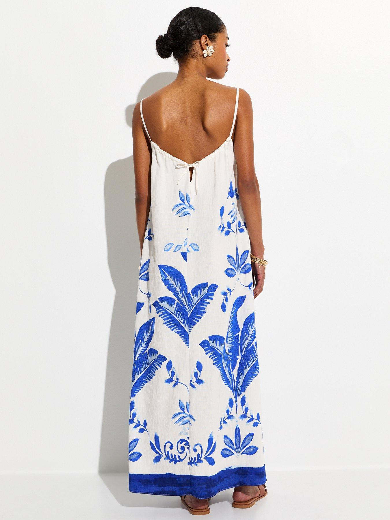 Image 2 of 5 of New Look White And Blue Painted Leaf Pattern Beach Maxi Dress