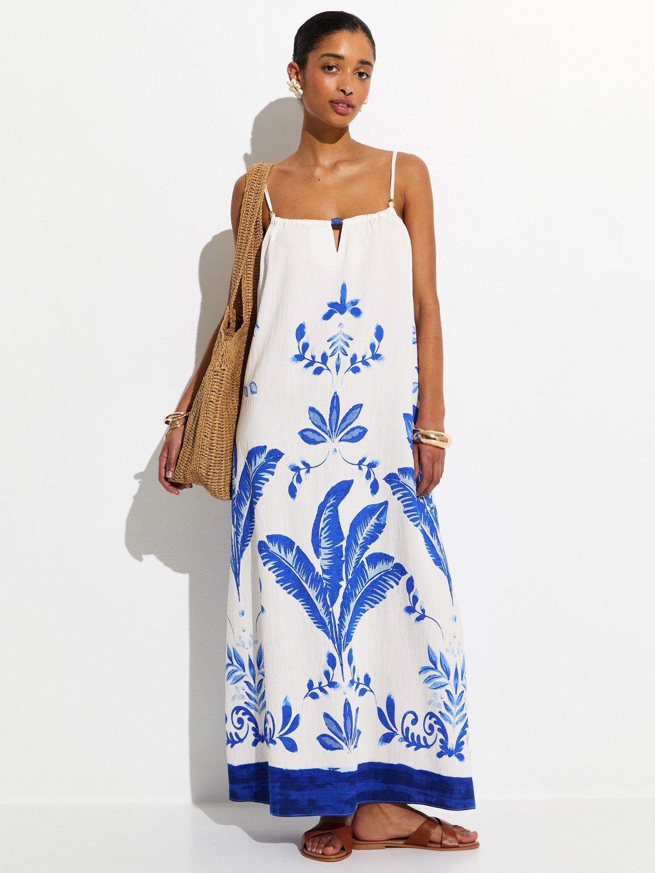 Image 3 of 5 of New Look White And Blue Painted Leaf Pattern Beach Maxi Dress