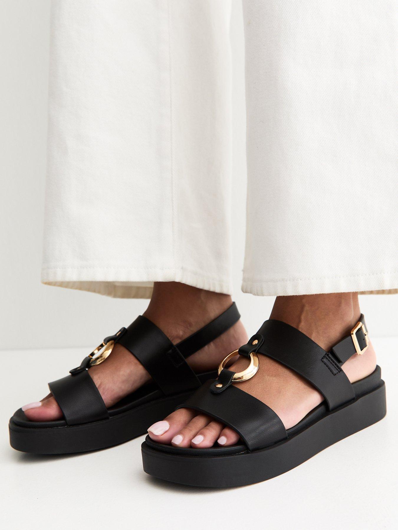 New Look Faux Leather Hardware Detail Flatform Sandals - Black | Very