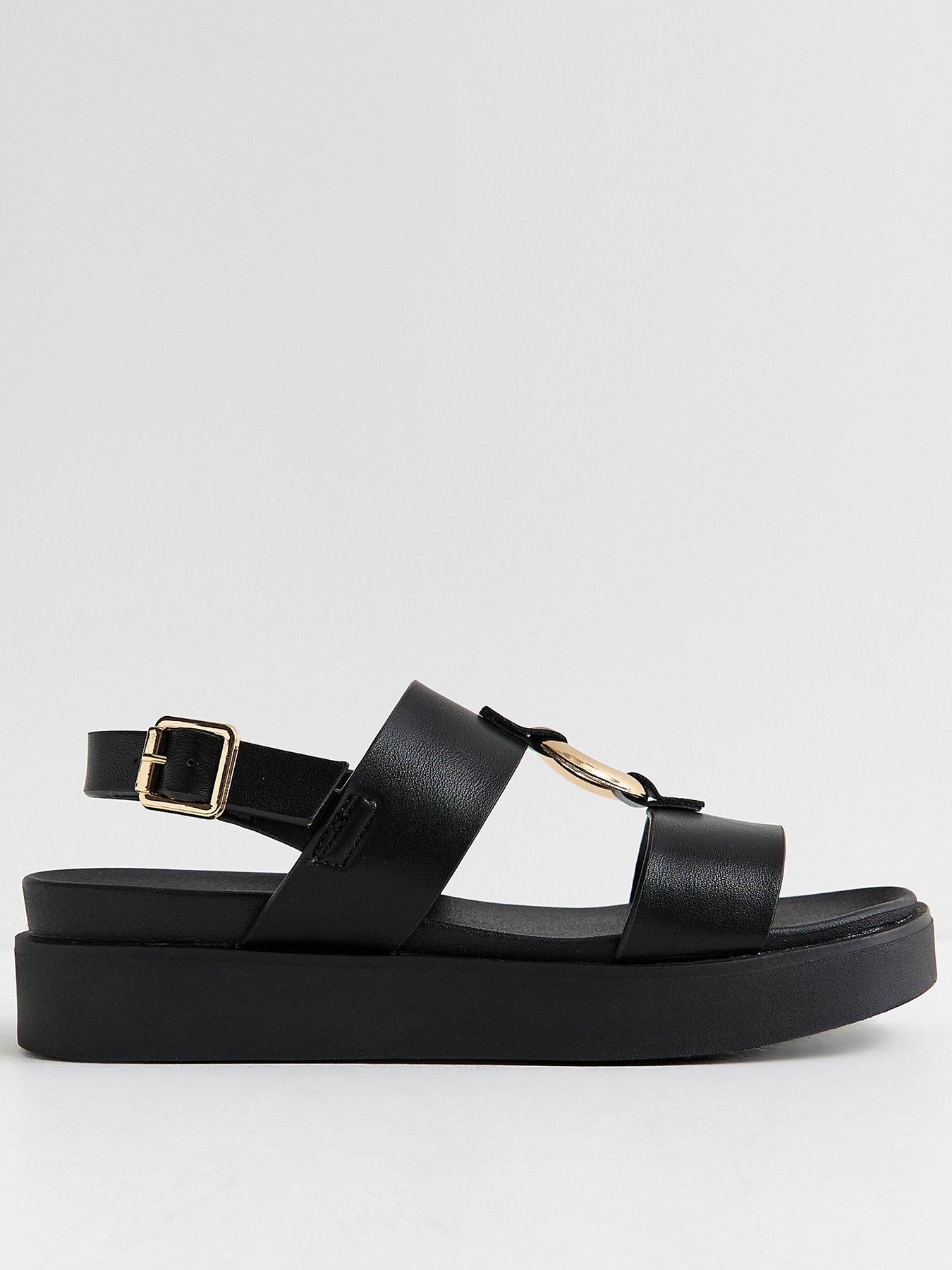 New Look Faux Leather Hardware Detail Flatform Sandals - Black | Very