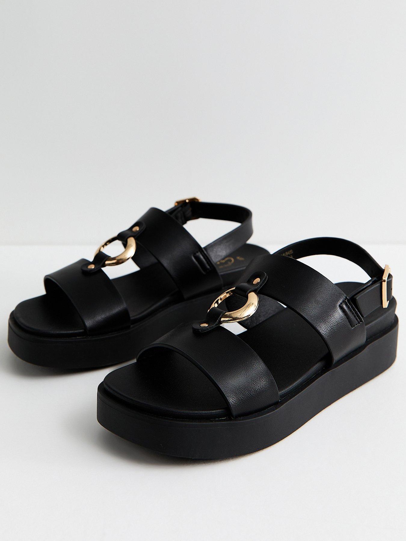 New Look Faux Leather Hardware Detail Flatform Sandals - Black | Very