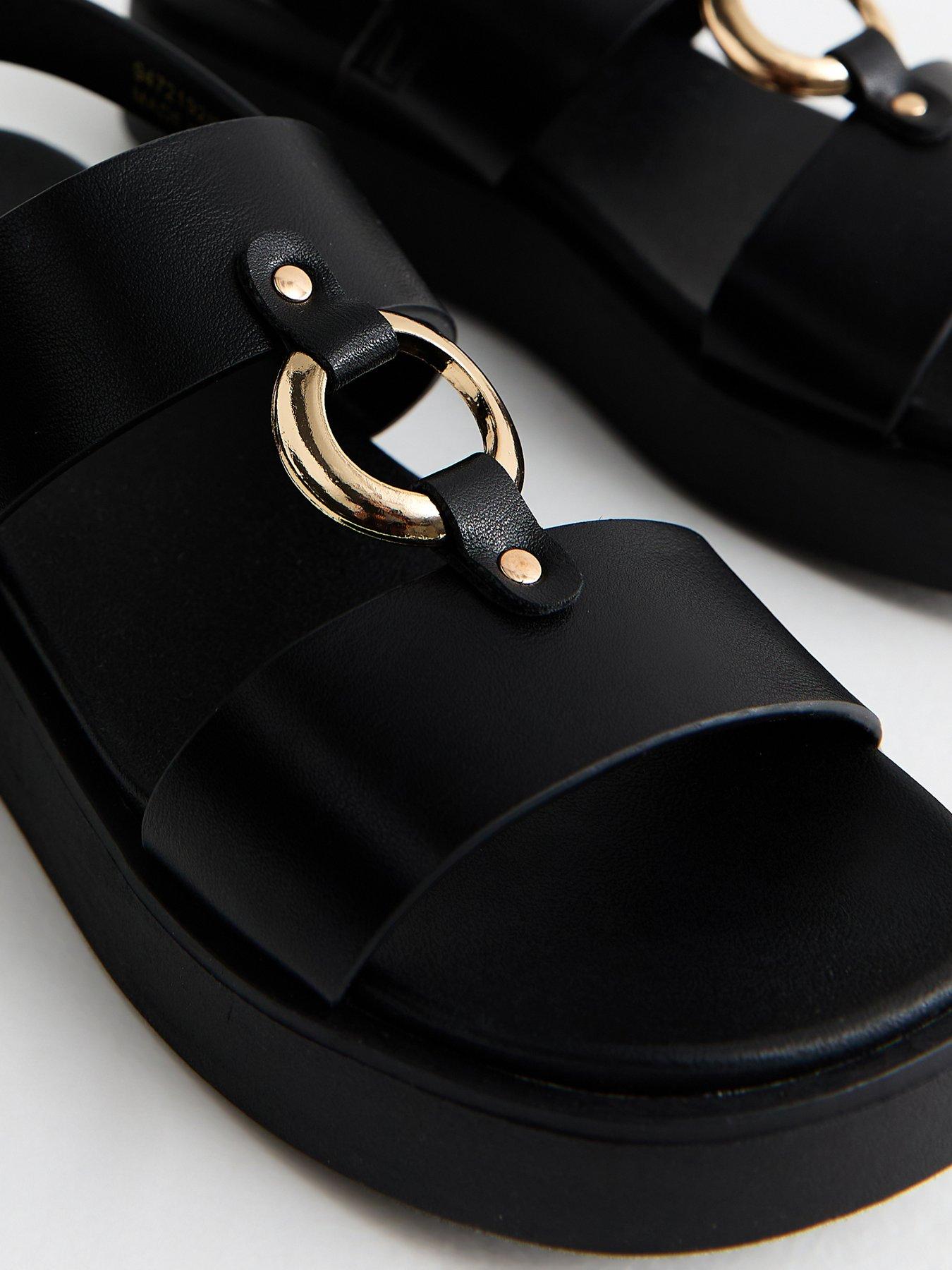 New Look Faux Leather Hardware Detail Flatform Sandals - Black | Very
