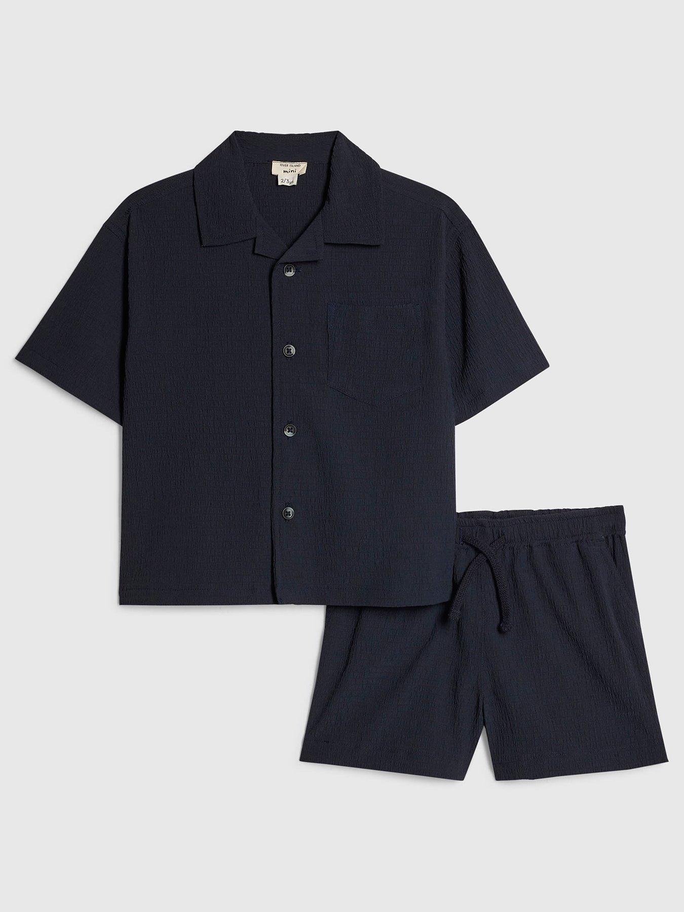 River Island Mini Boys Textured Shirt Set, Navy, Size Age: 12-18 Months
