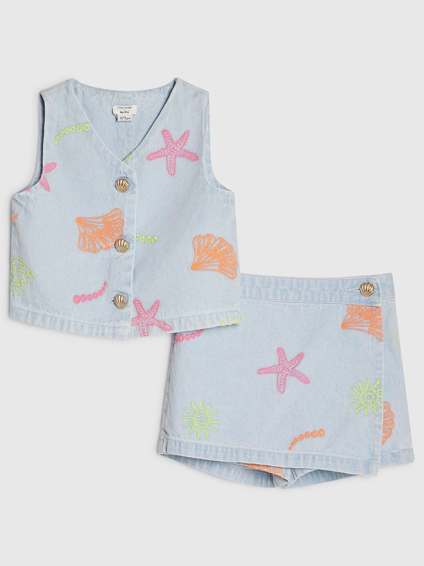 River Island Mini Girls Denim Starfish Waistcoat Set, Blue, Size Age: 12-18 Months