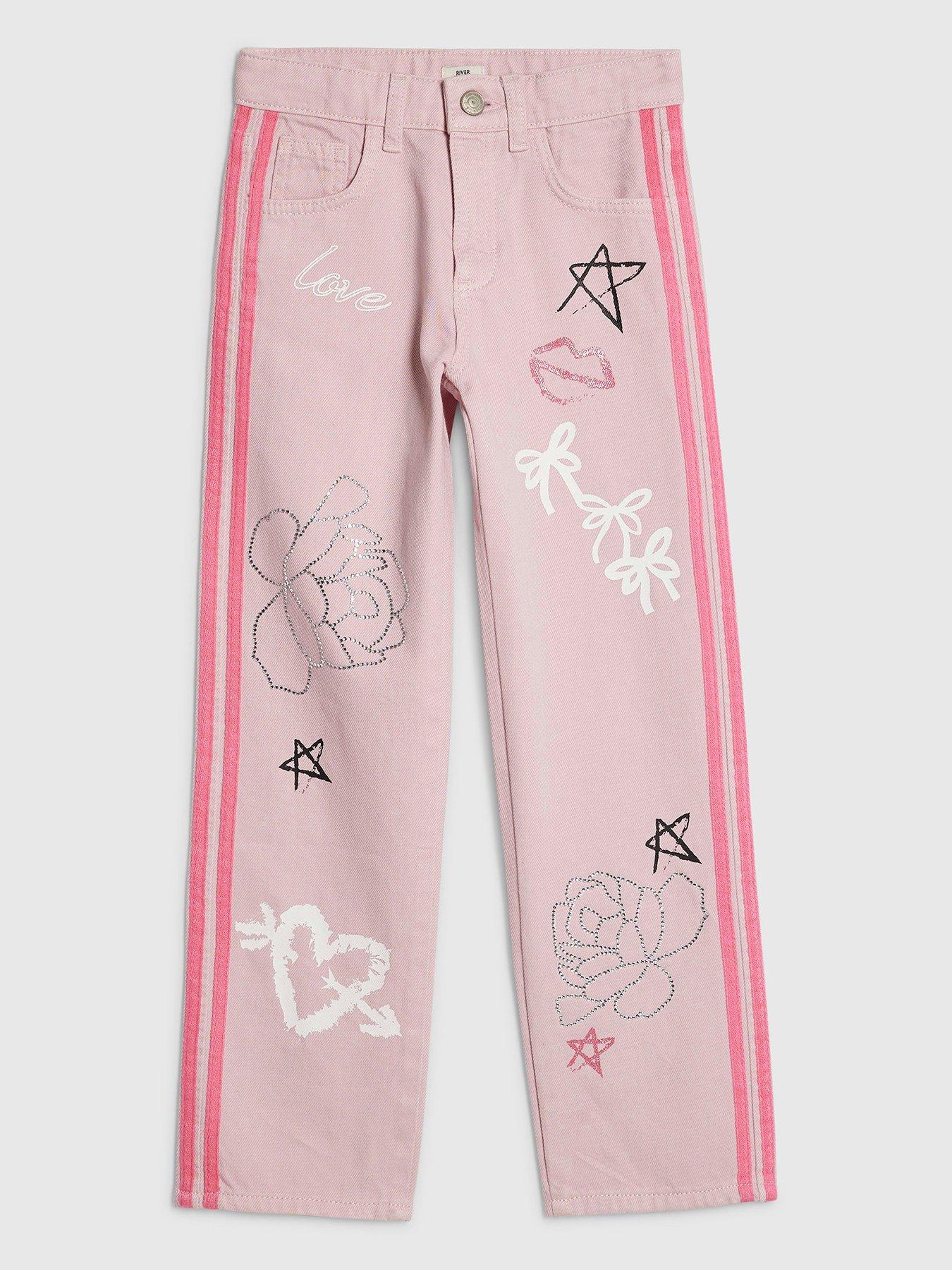 River Island Older Girls Graffiti Straight Jeans - Pink