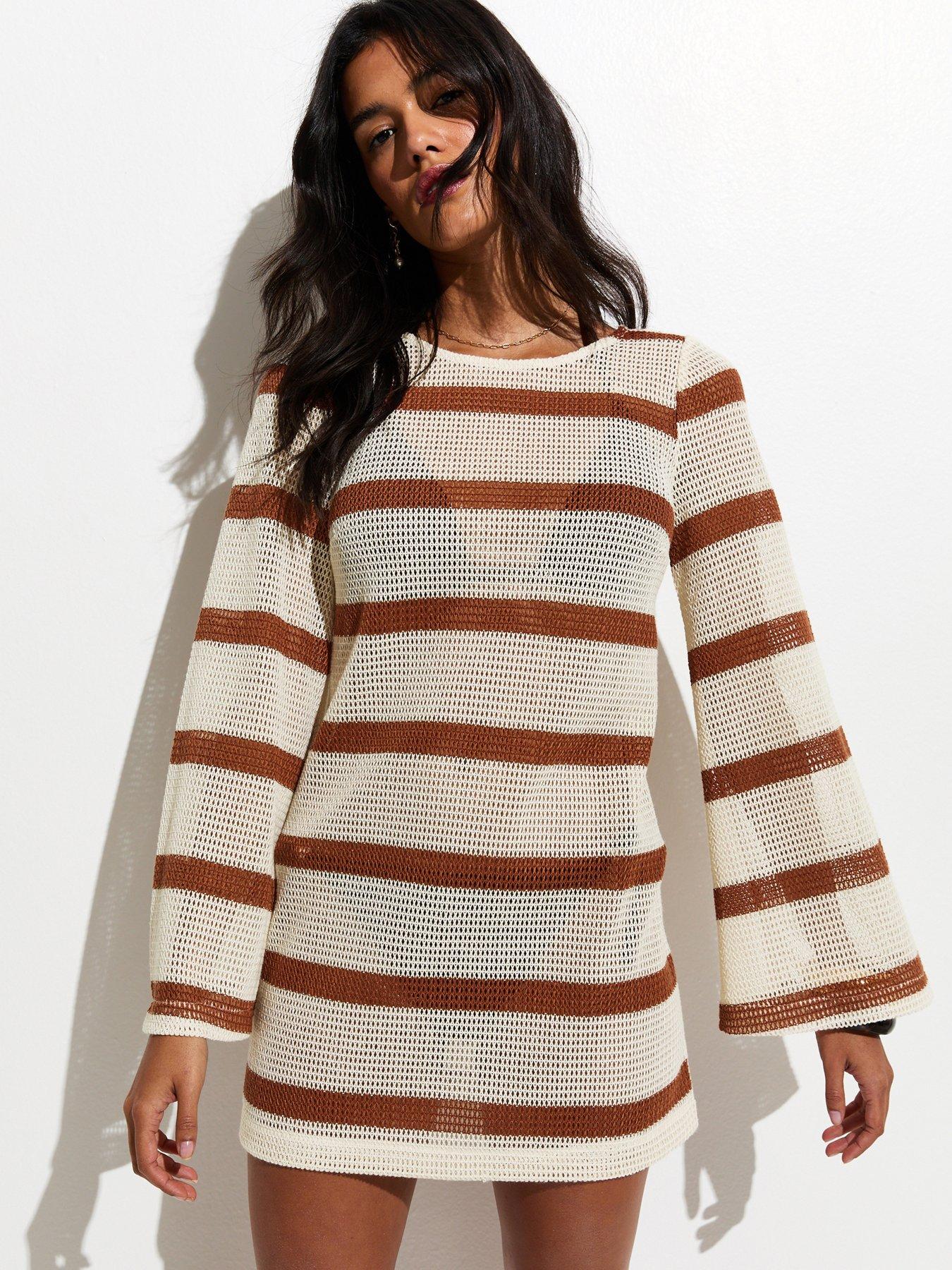 New Look Scoop Back Crochet Kaftan - Brown