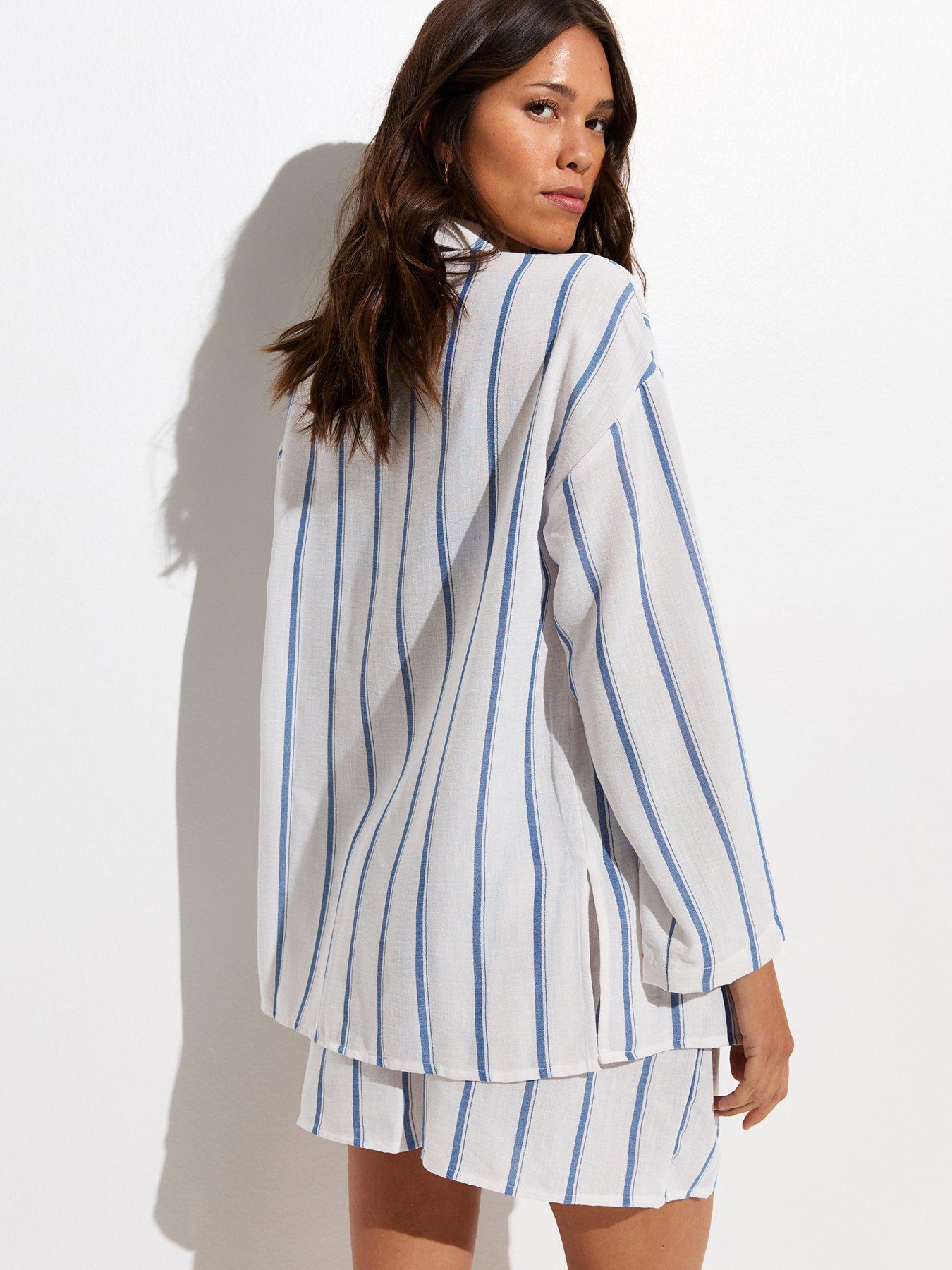 Image 2 of 5 of New Look White And Blue Striped Co-ord Beach Shirt