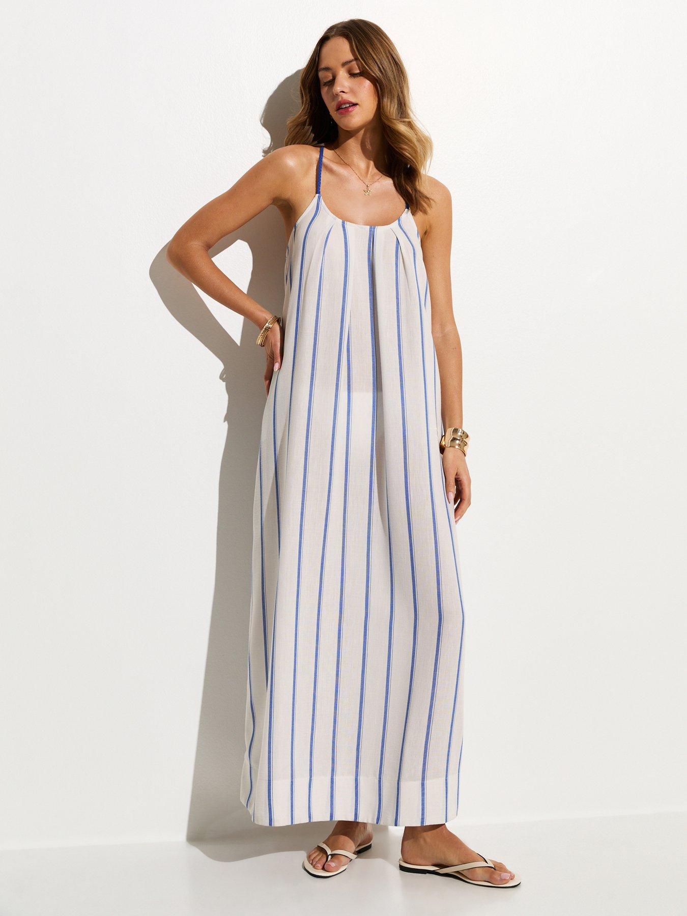 Image 1 of 5 of New Look Striped Tie Back Beach Maxi Dress - Blue