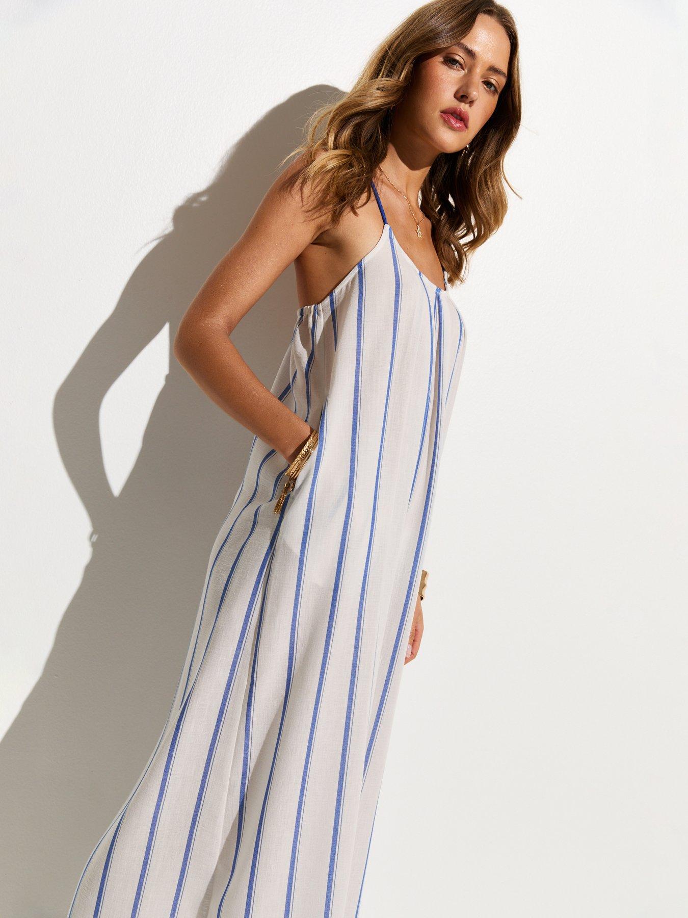 Image 3 of 5 of New Look Striped Tie Back Beach Maxi Dress - Blue