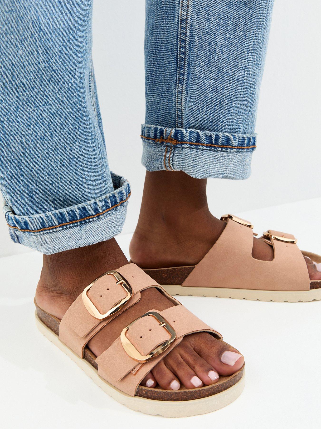 New Look: Cork Sole Double Strap Mule Sandals - Light Pink