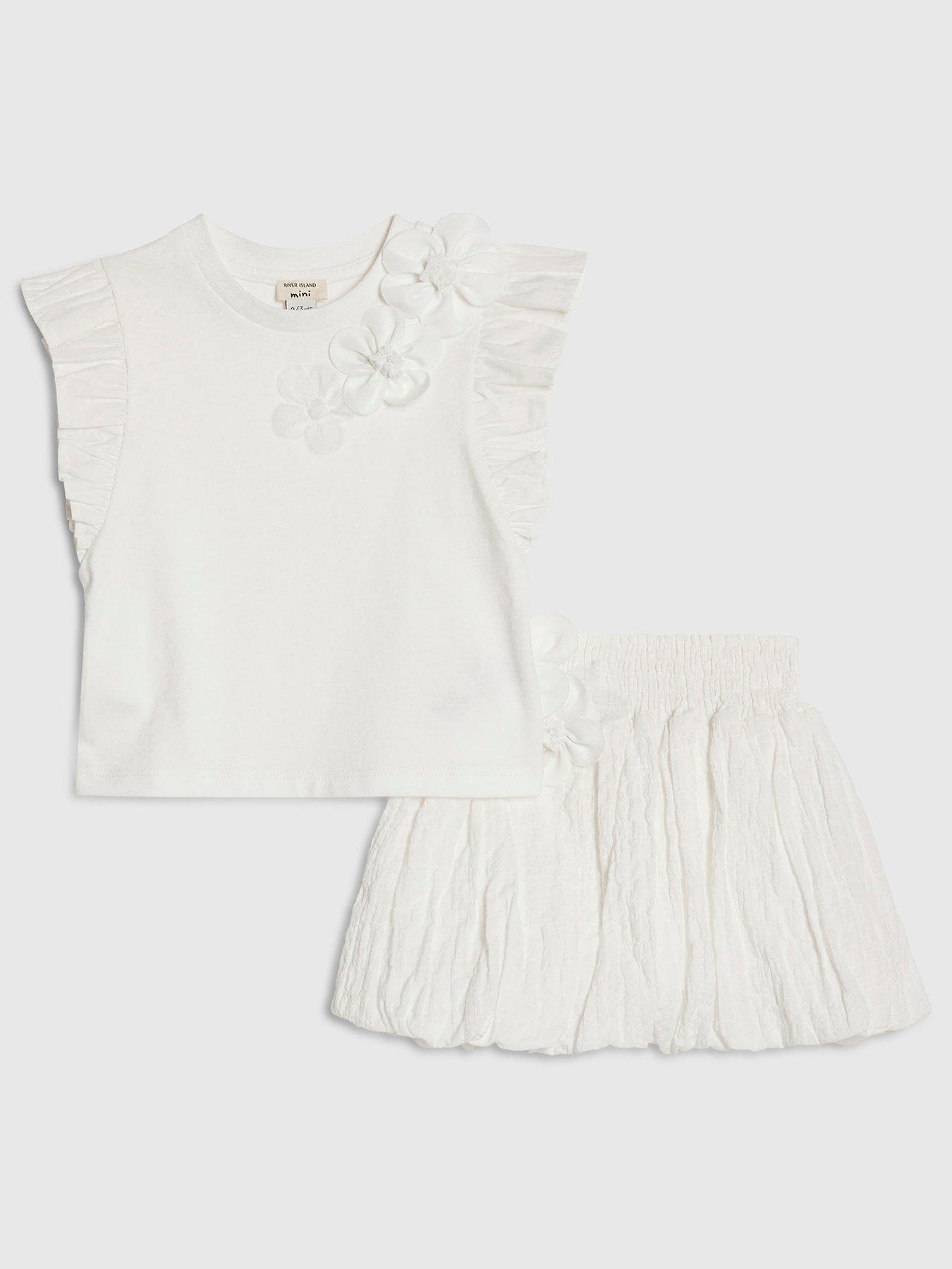 Image 1 of 5 of River Island Mini Girls Frill Sleeve T-Shirt Flower Set - White
