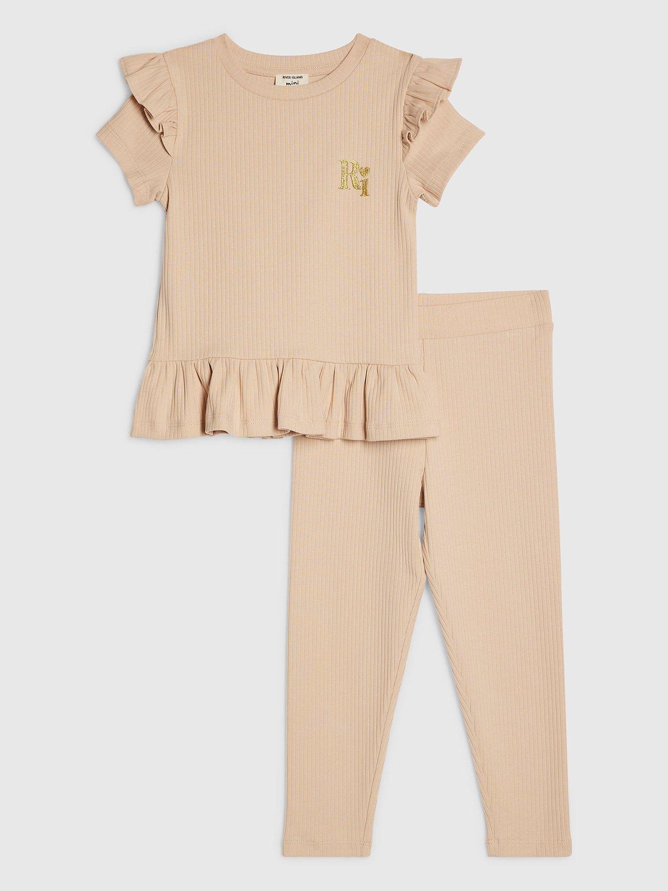 River Island Mini Girls Ribbed Peplum Top Set - Beige